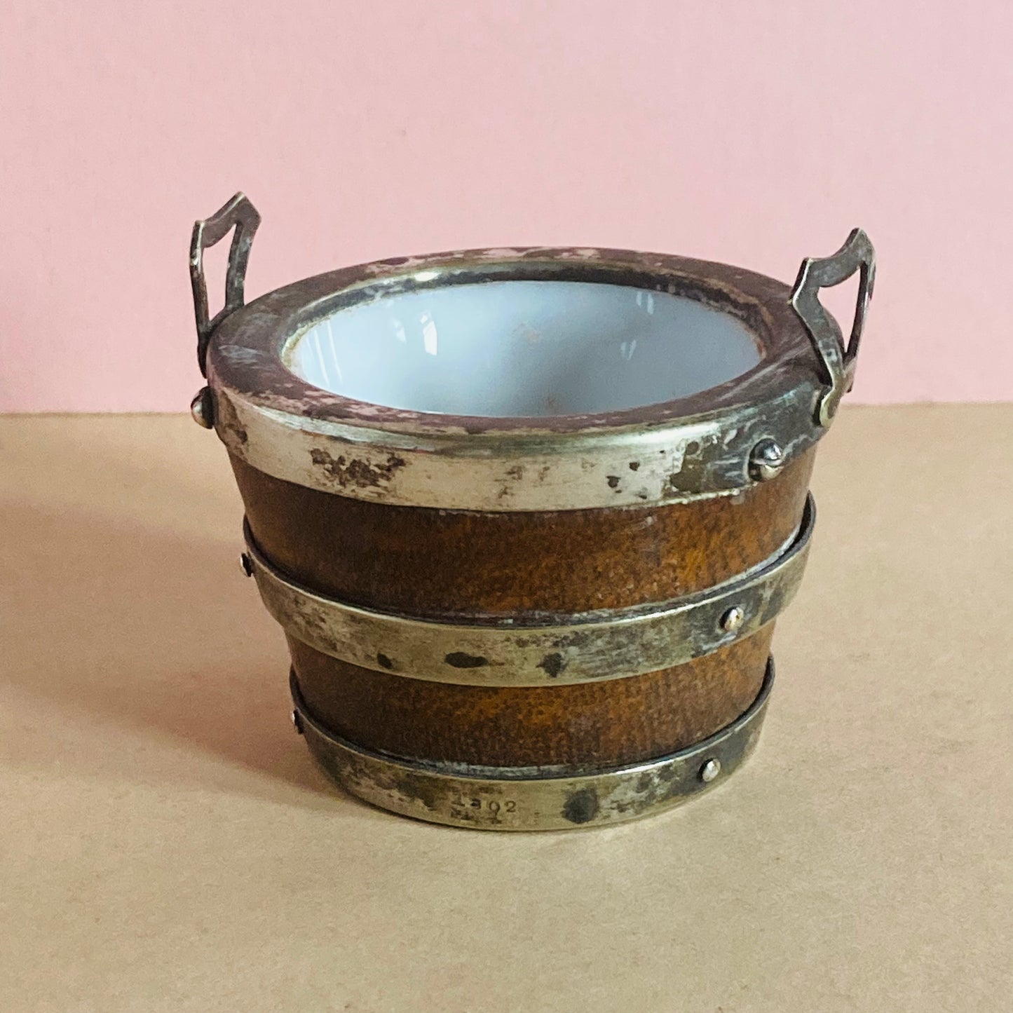 Antique Miniature Oak and Silver Bucket Salt Cellar