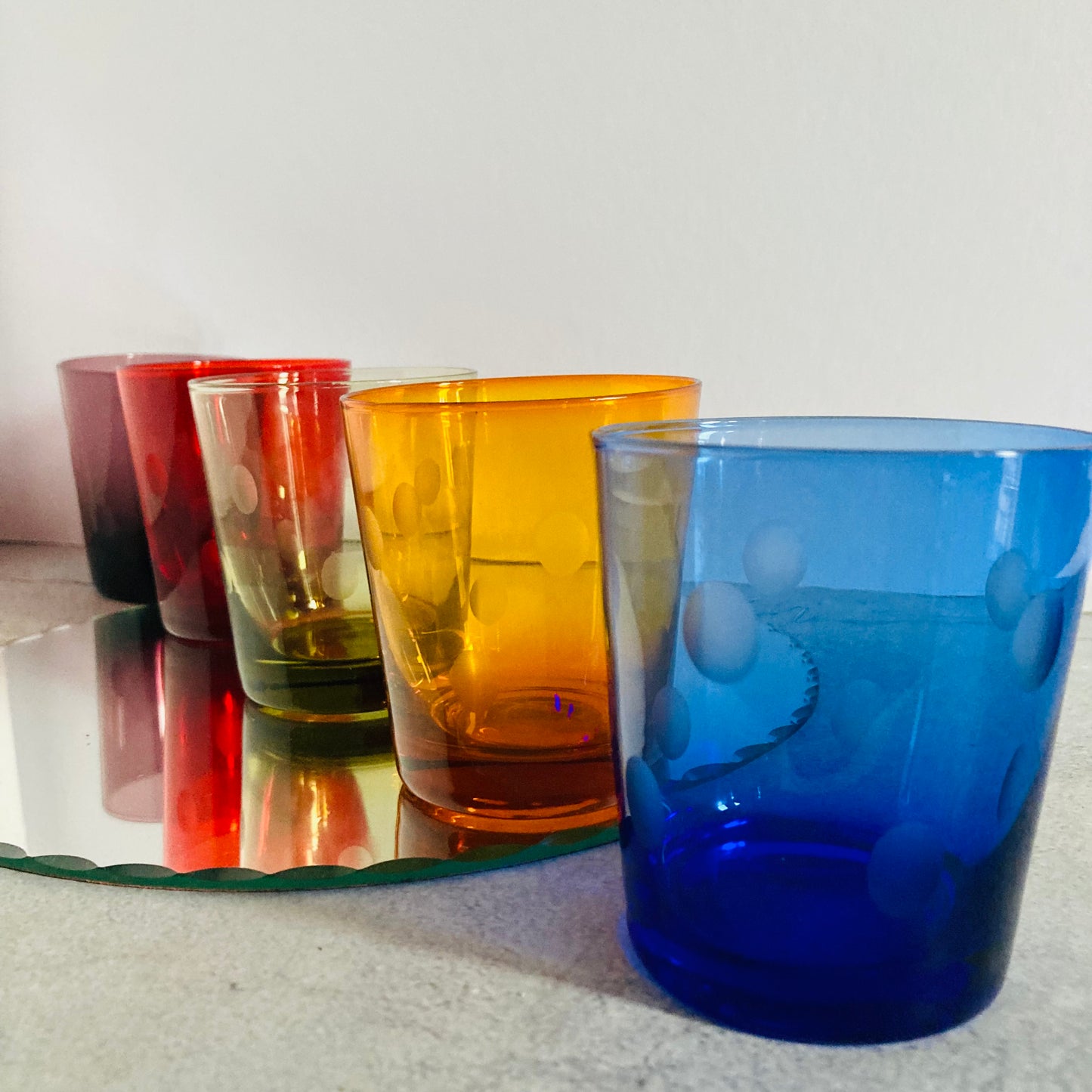 Mid Century Colourful Etched Spot Drinking Tumblers | Water Glasses