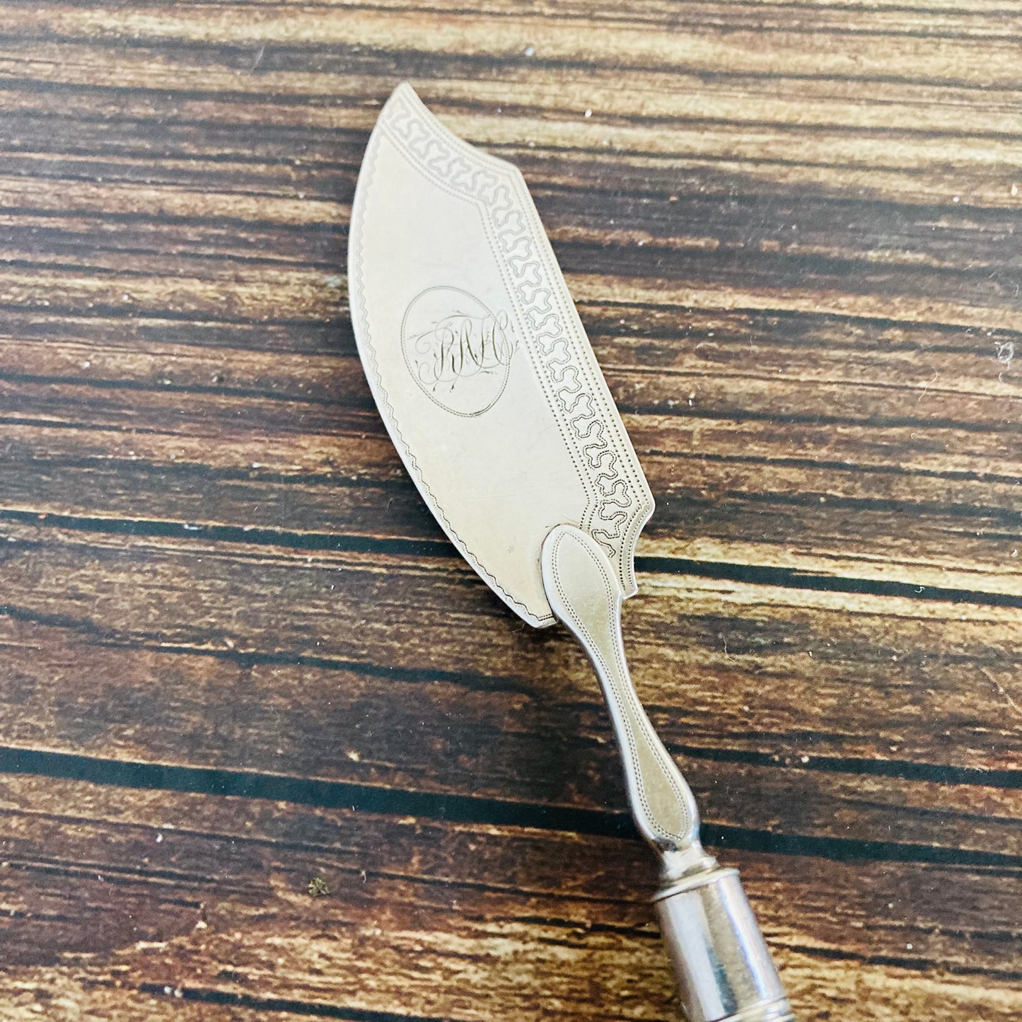 Antique Silver Butter Knife With Engraved Blades and Green Wooden Handle