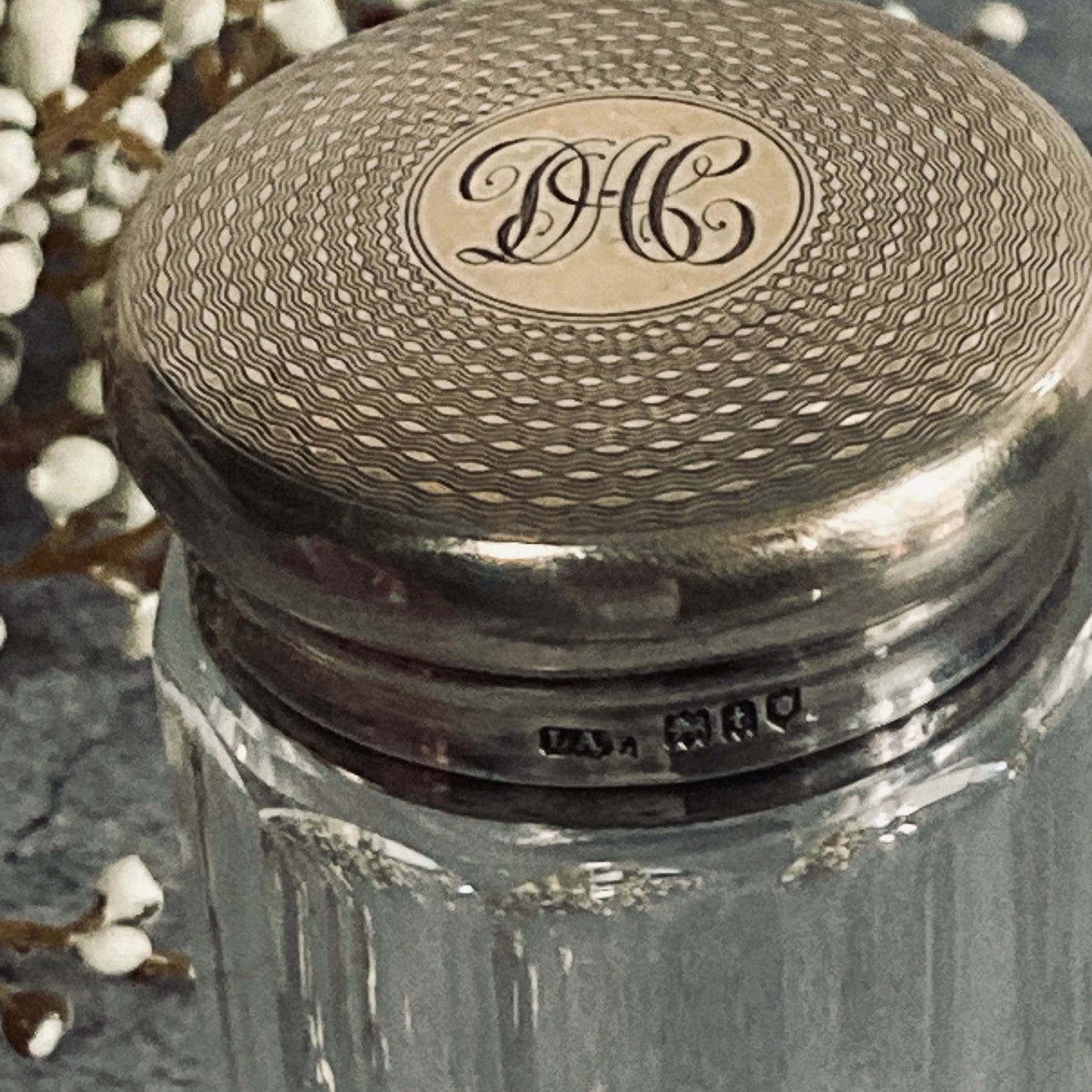 Antique Glass Vanity Jar Container With Silver Lid