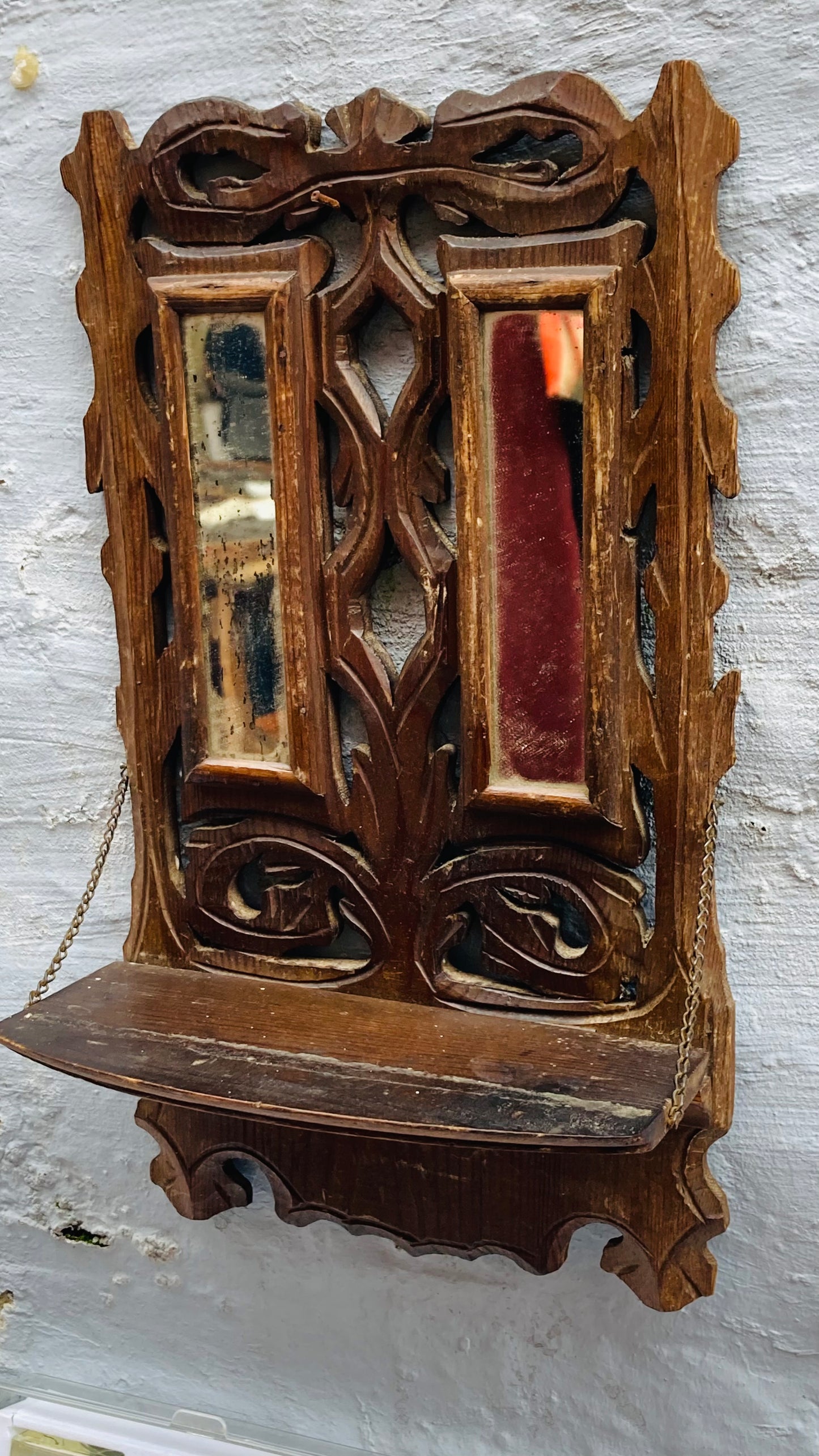 Antique Hand Carved Mirror Display Shelf | Folk Art
