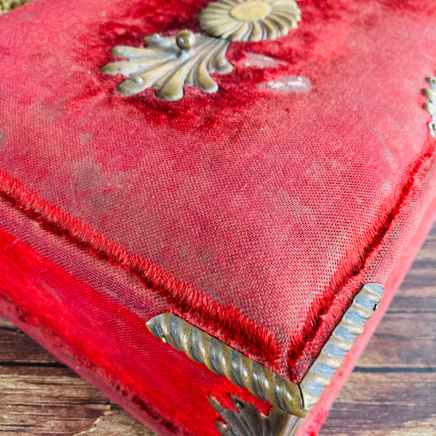Antique French Red Velvet Jewellery Casket Box | Worn Antique Condition