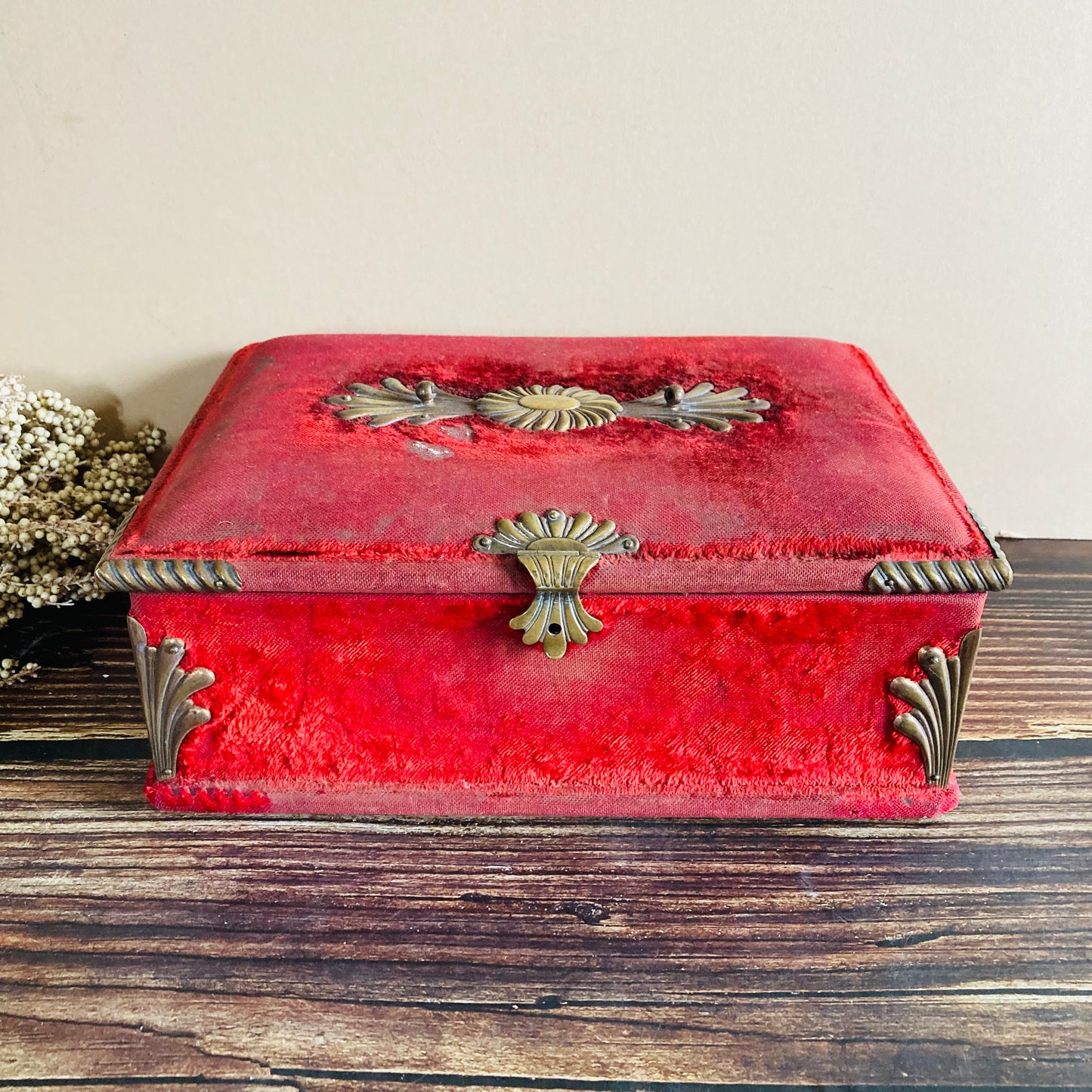 Antique French Red Velvet Jewellery Casket Box | Worn Antique Condition