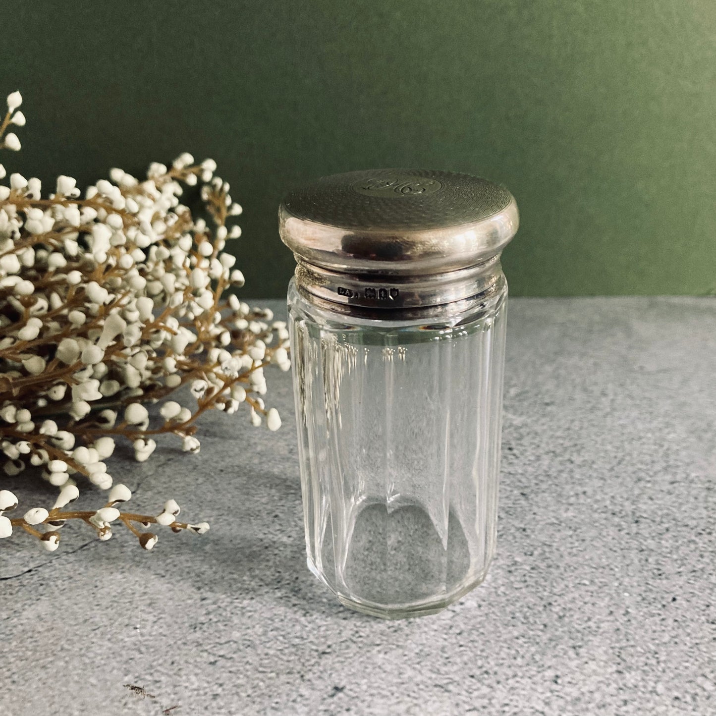 Antique Glass Vanity Jar Container With Silver Lid