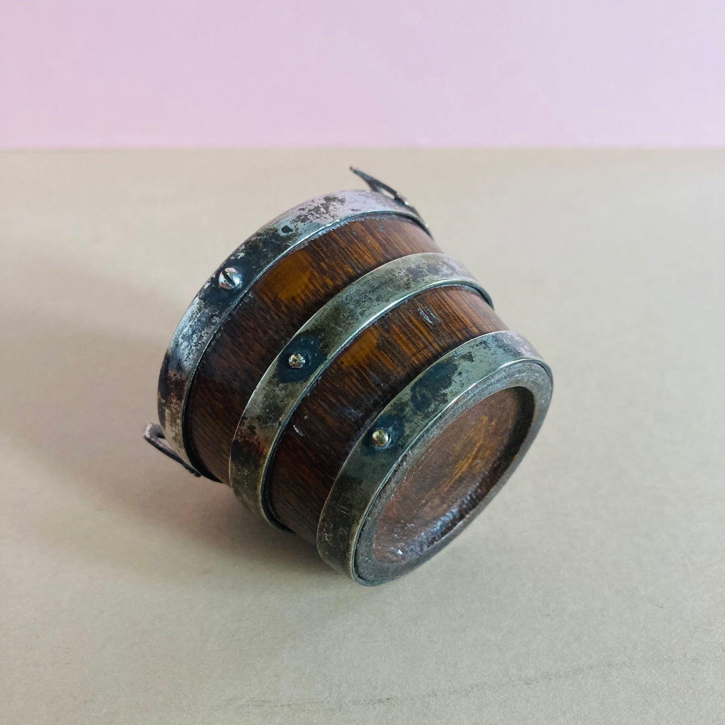 Antique Miniature Oak and Silver Bucket Salt Cellar