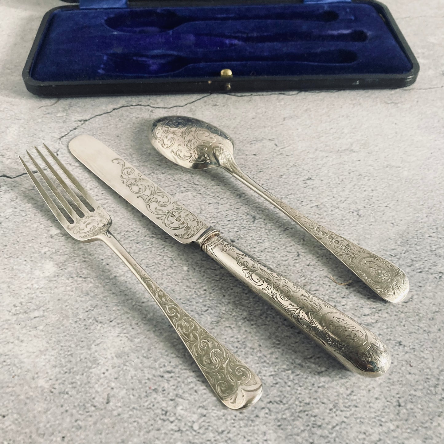 The Headhunter Stef - Engraved Antique Silver Cutlery Christening Set