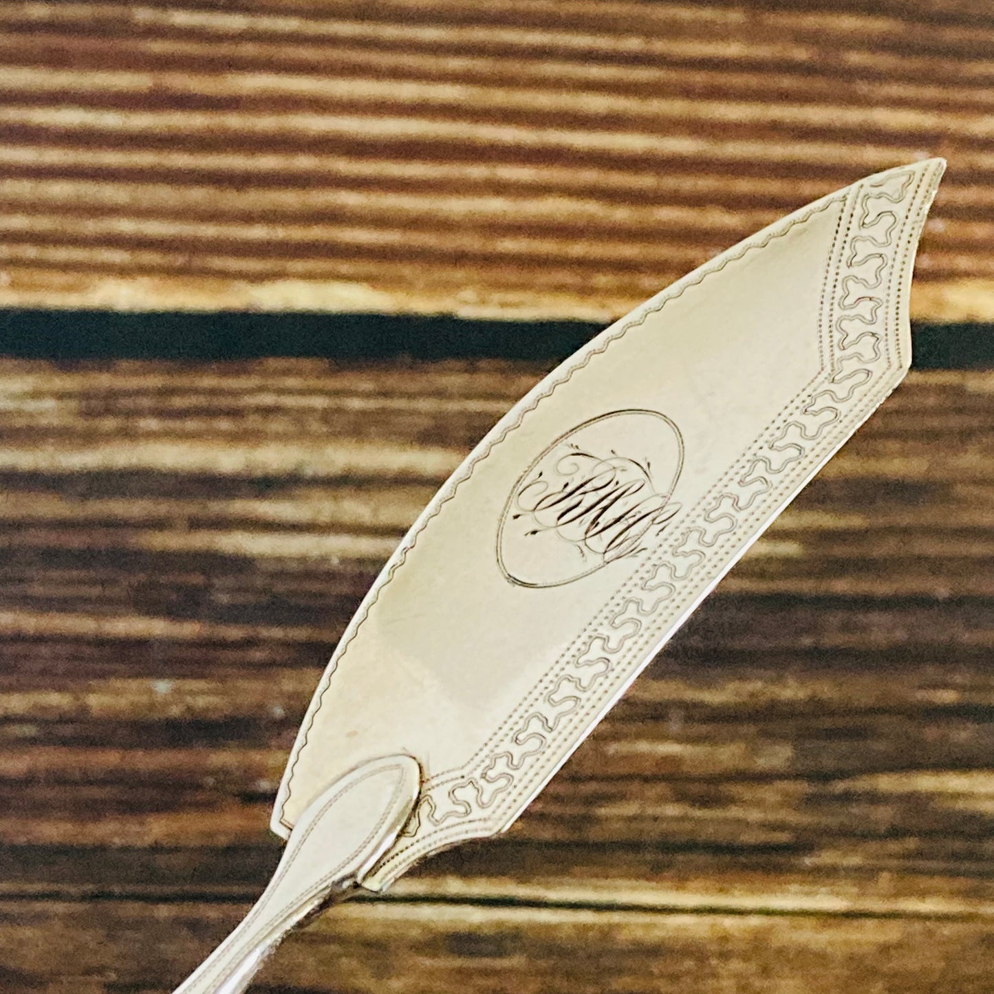 Antique Silver Butter Knife With Engraved Blades and Green Wooden Handle