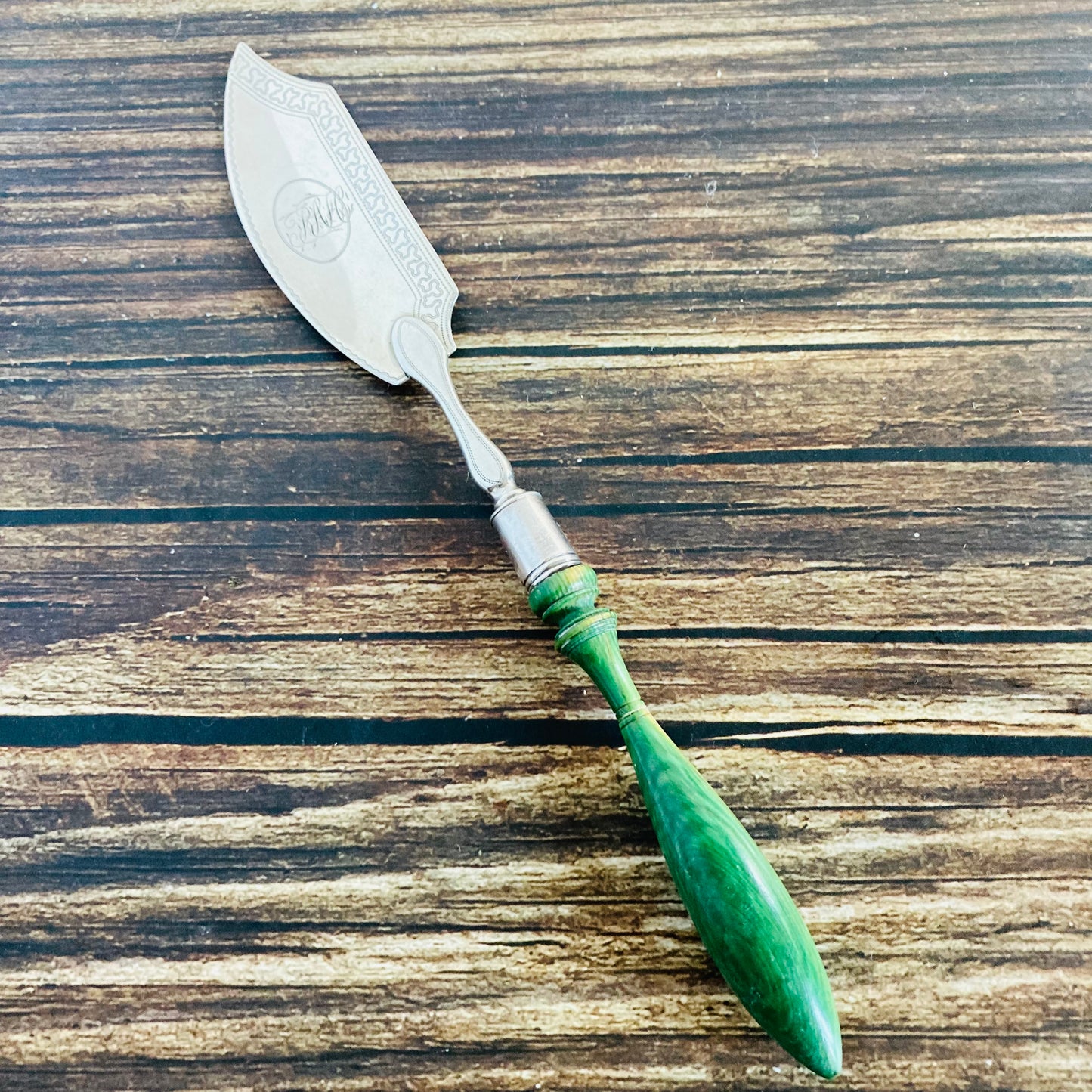 Antique Silver Butter Knife With Engraved Blades and Green Wooden Handle