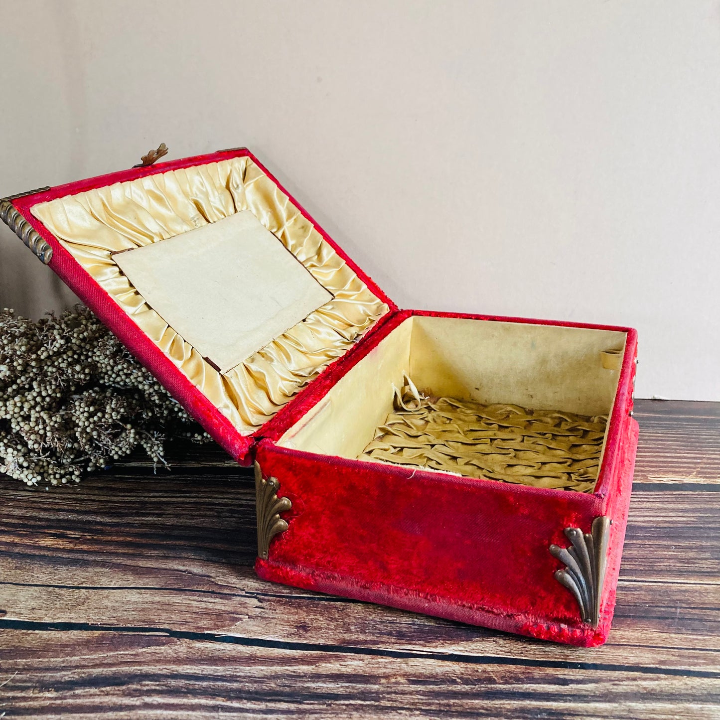 Antique French Red Velvet Jewellery Casket Box | Worn Antique Condition
