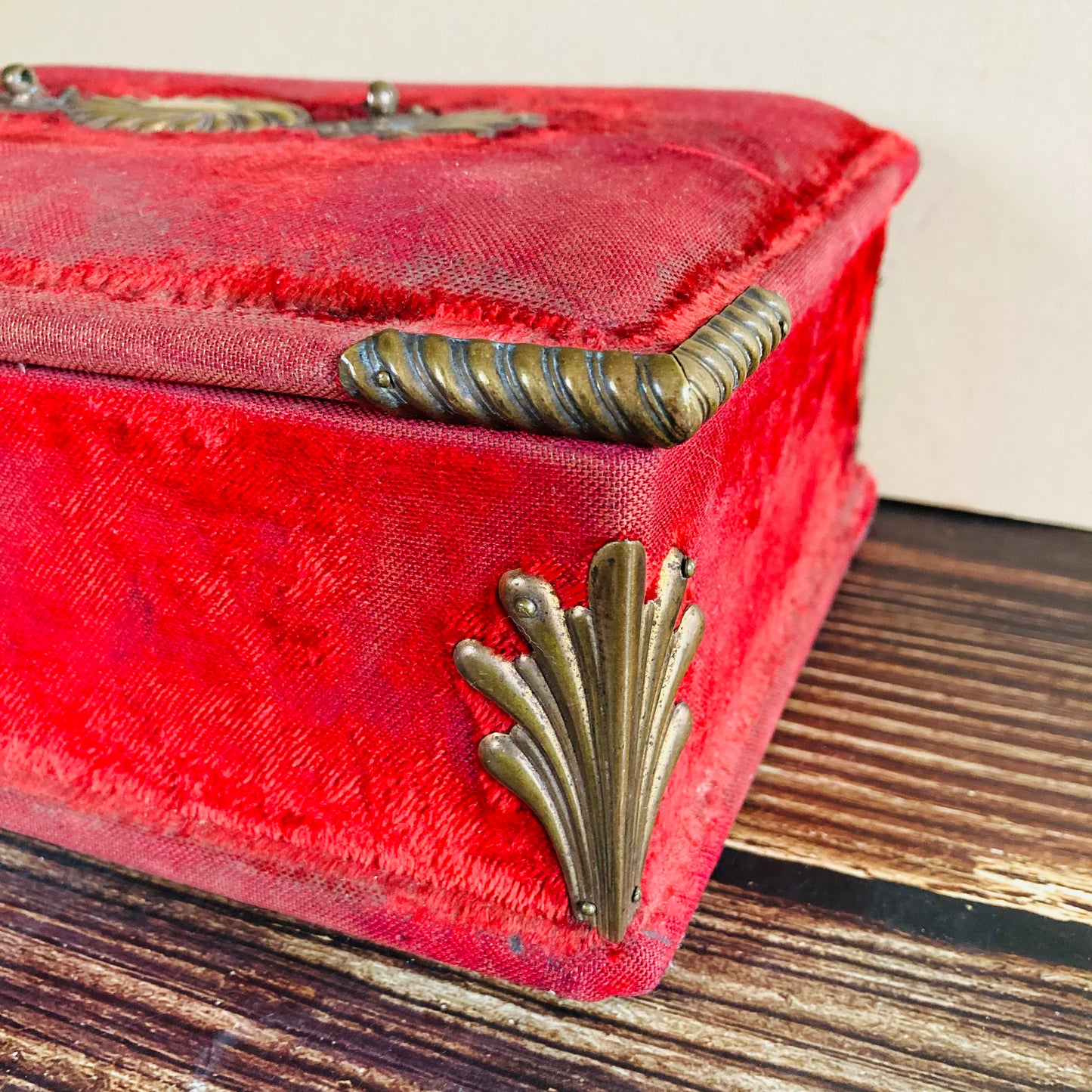 Antique French Red Velvet Jewellery Casket Box | Worn Antique Condition