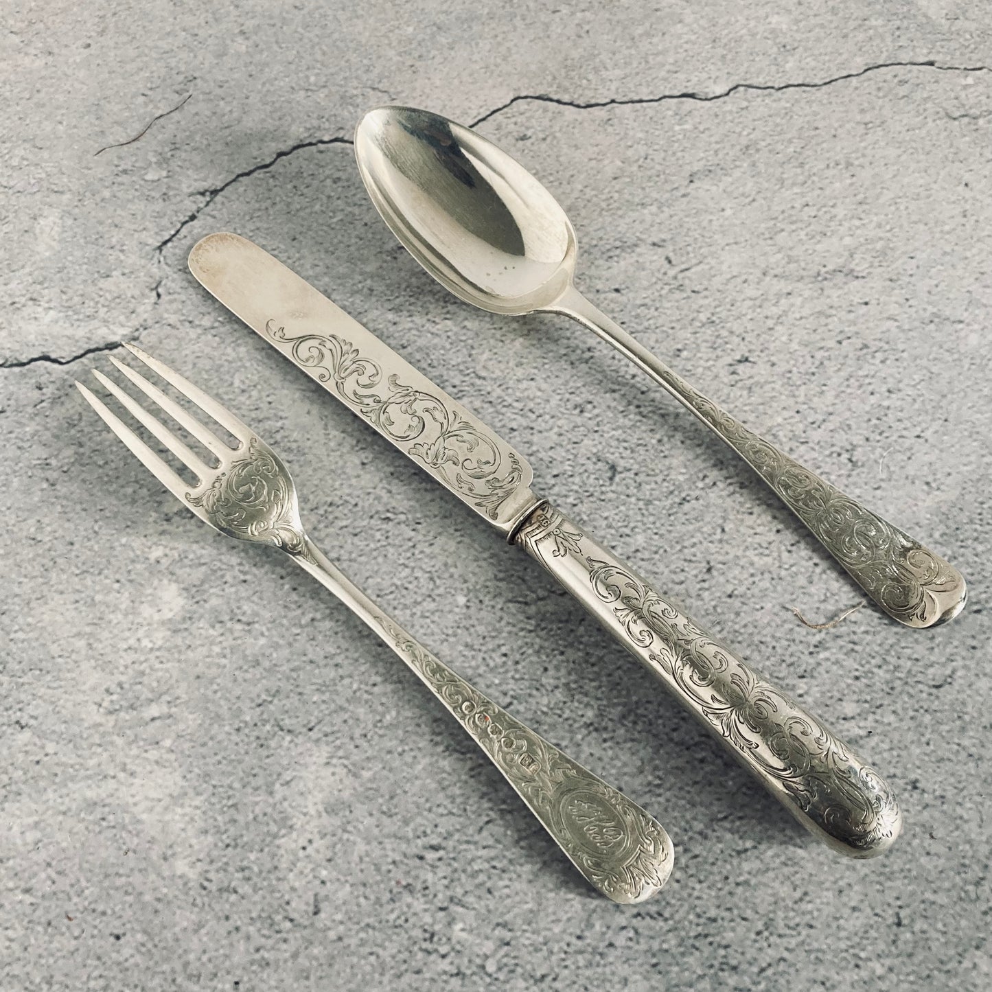 Antique Infant Spoon and Fork Cutlery Set | Silver Christening Set 1880