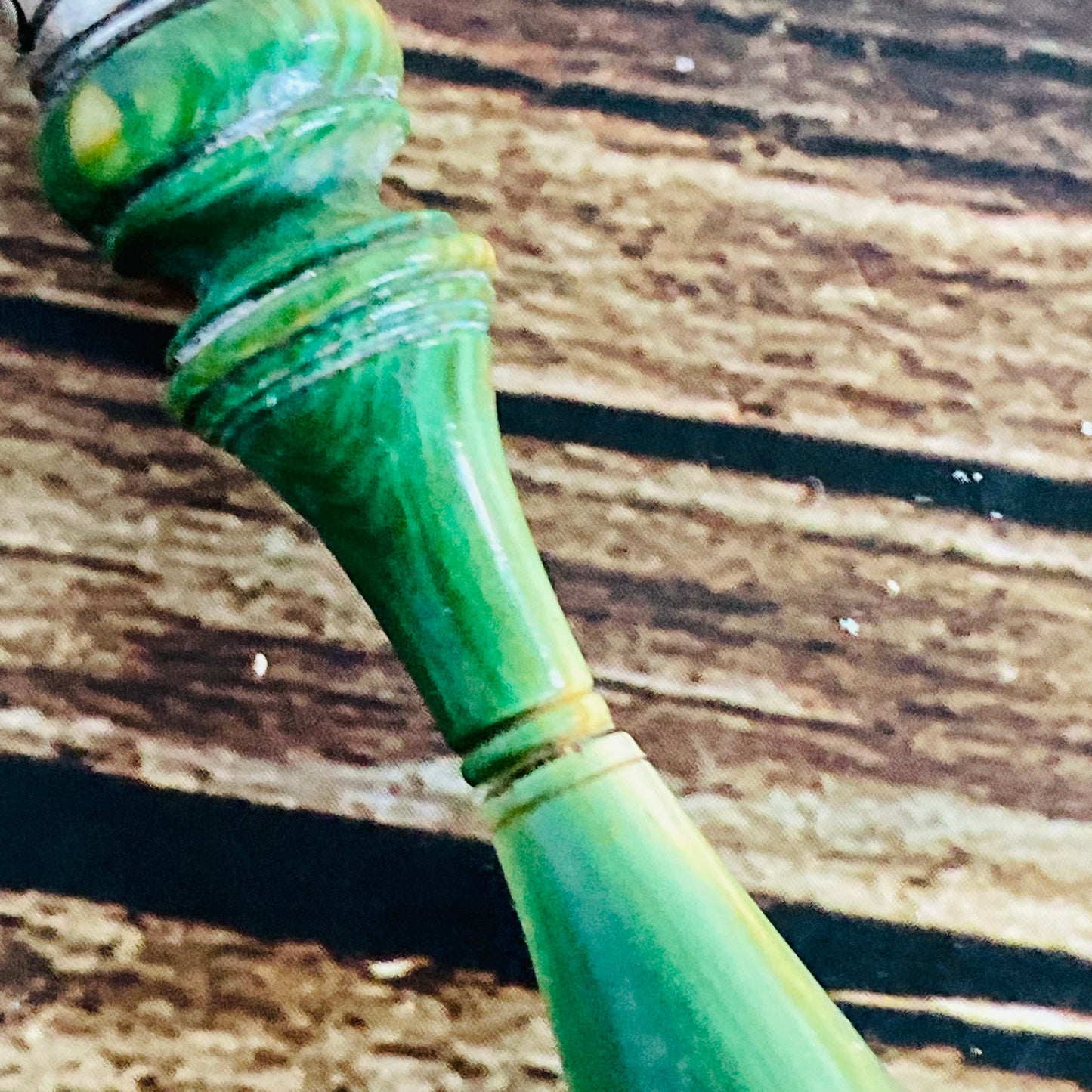 Antique Silver Butter Knife With Engraved Blades and Green Wooden Handle