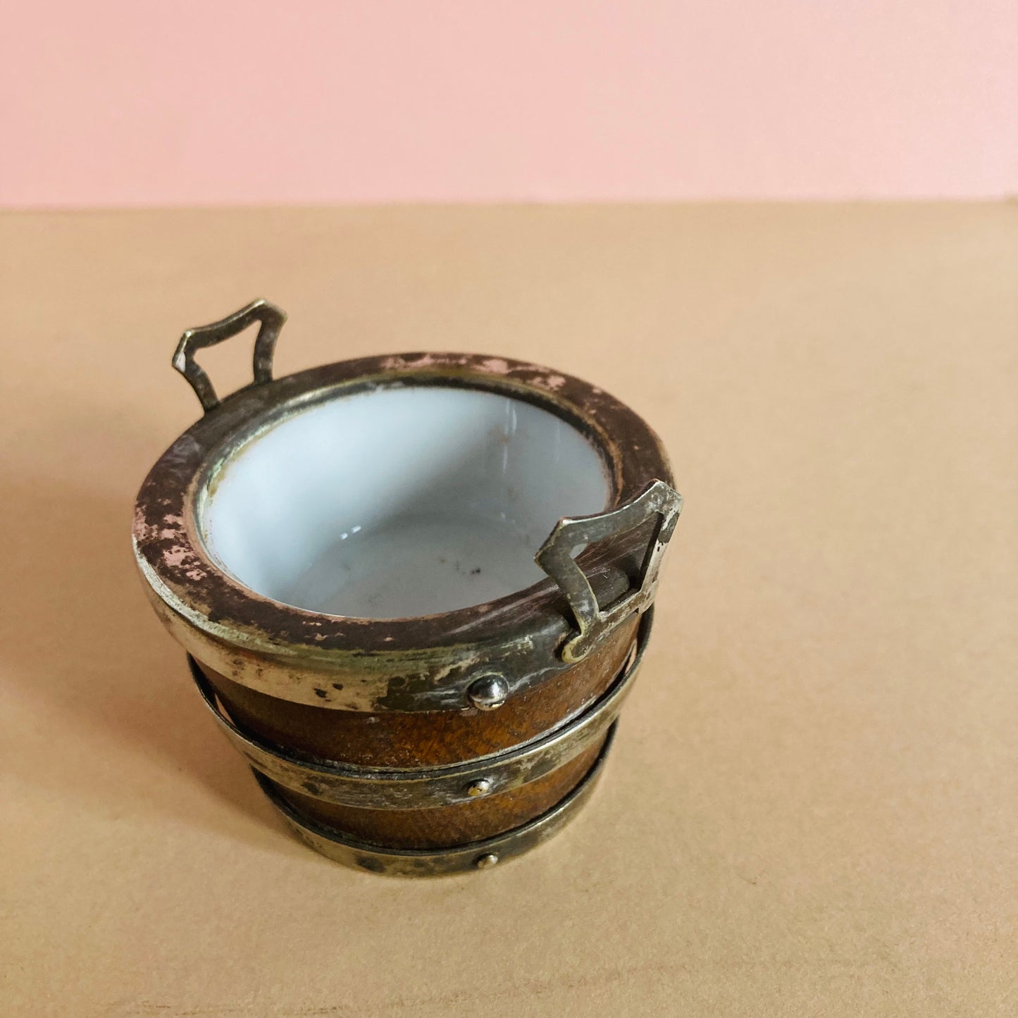 Antique Miniature Oak and Silver Bucket Salt Cellar