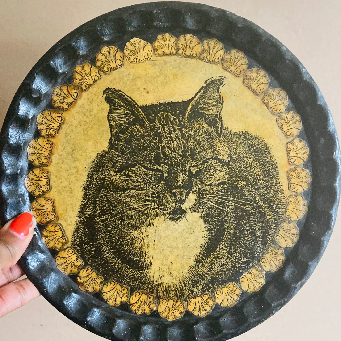 Antique Toleware Decoupage Tray Of A Cat
