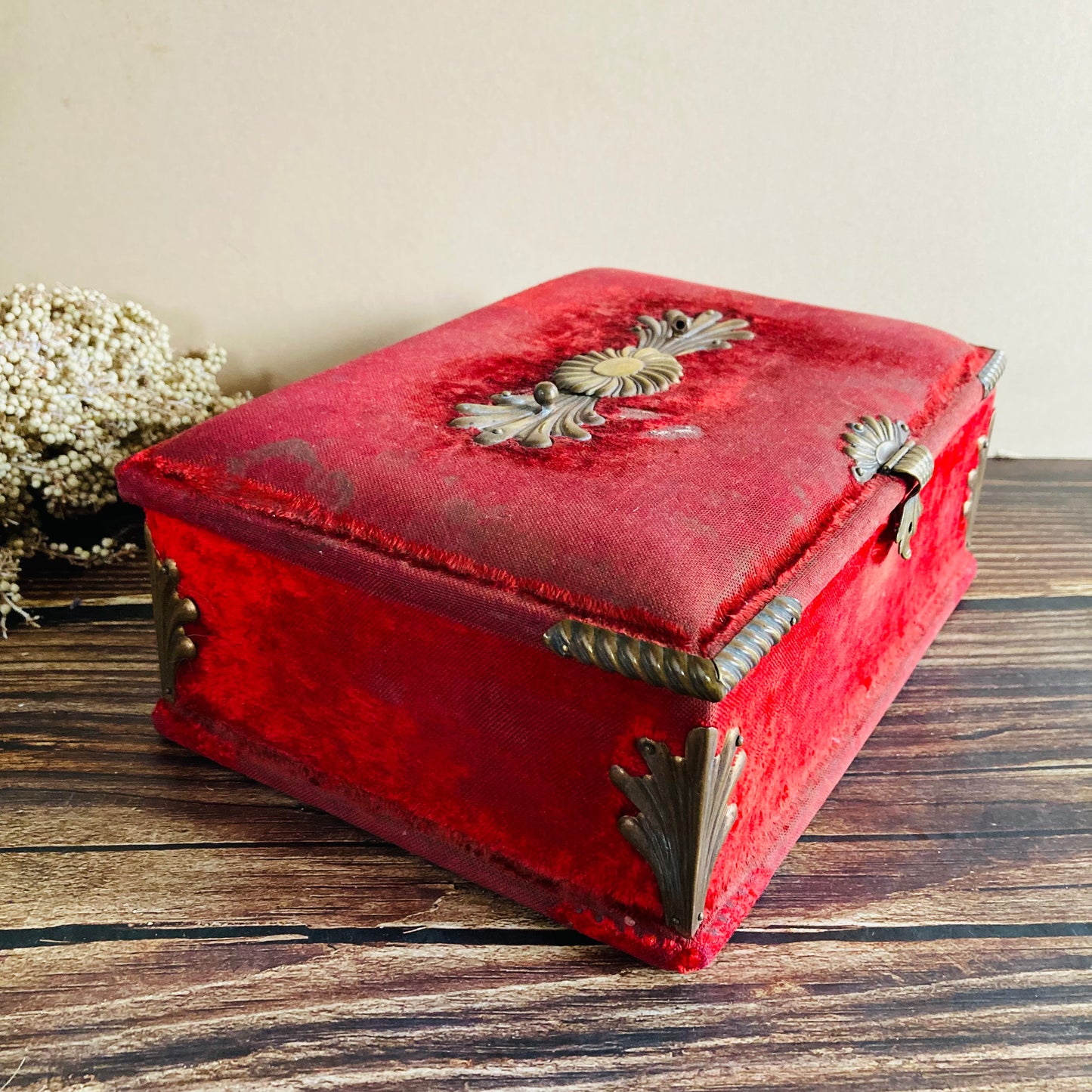 Antique French Red Velvet Jewellery Casket Box | Worn Antique Condition