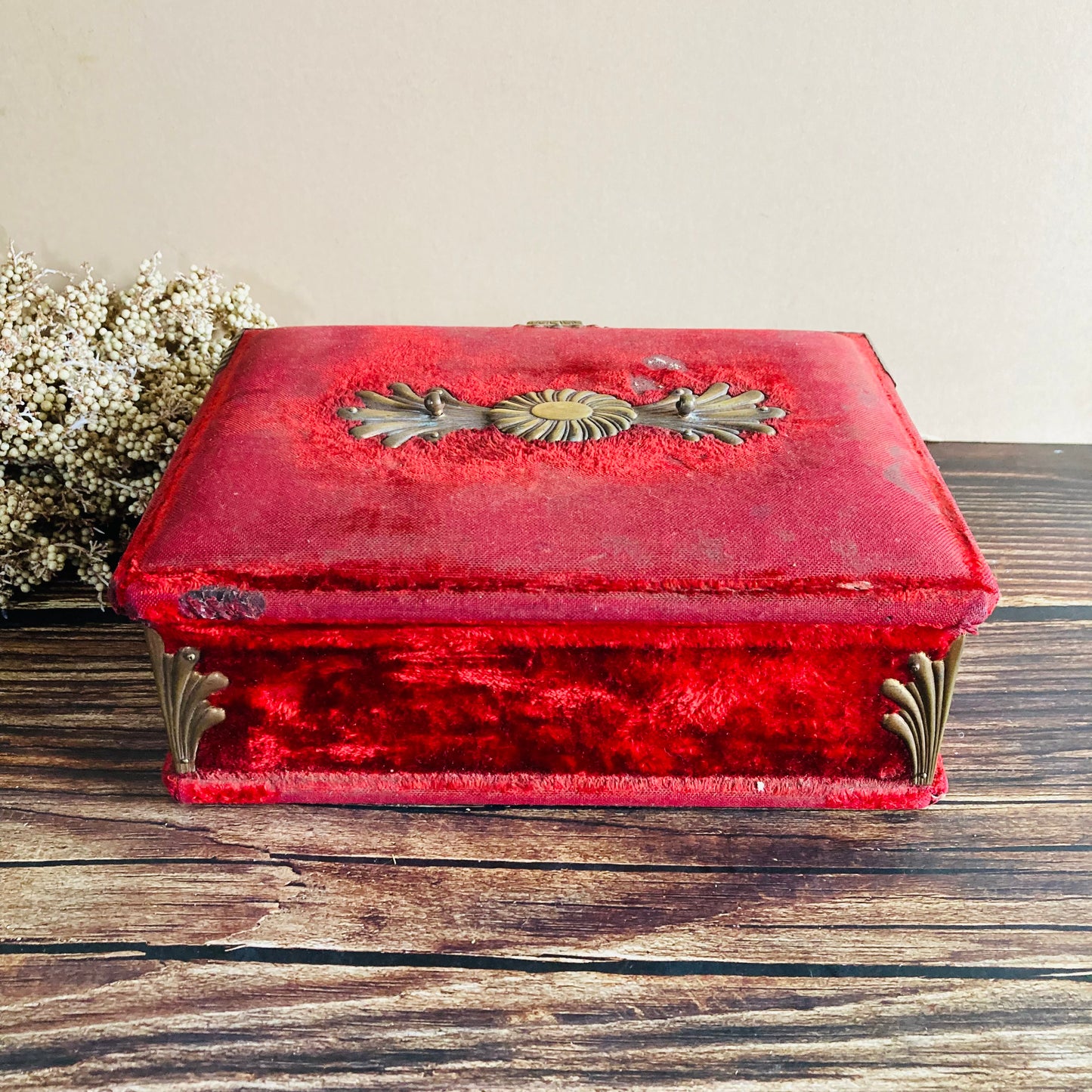 Antique French Red Velvet Jewellery Casket Box | Worn Antique Condition