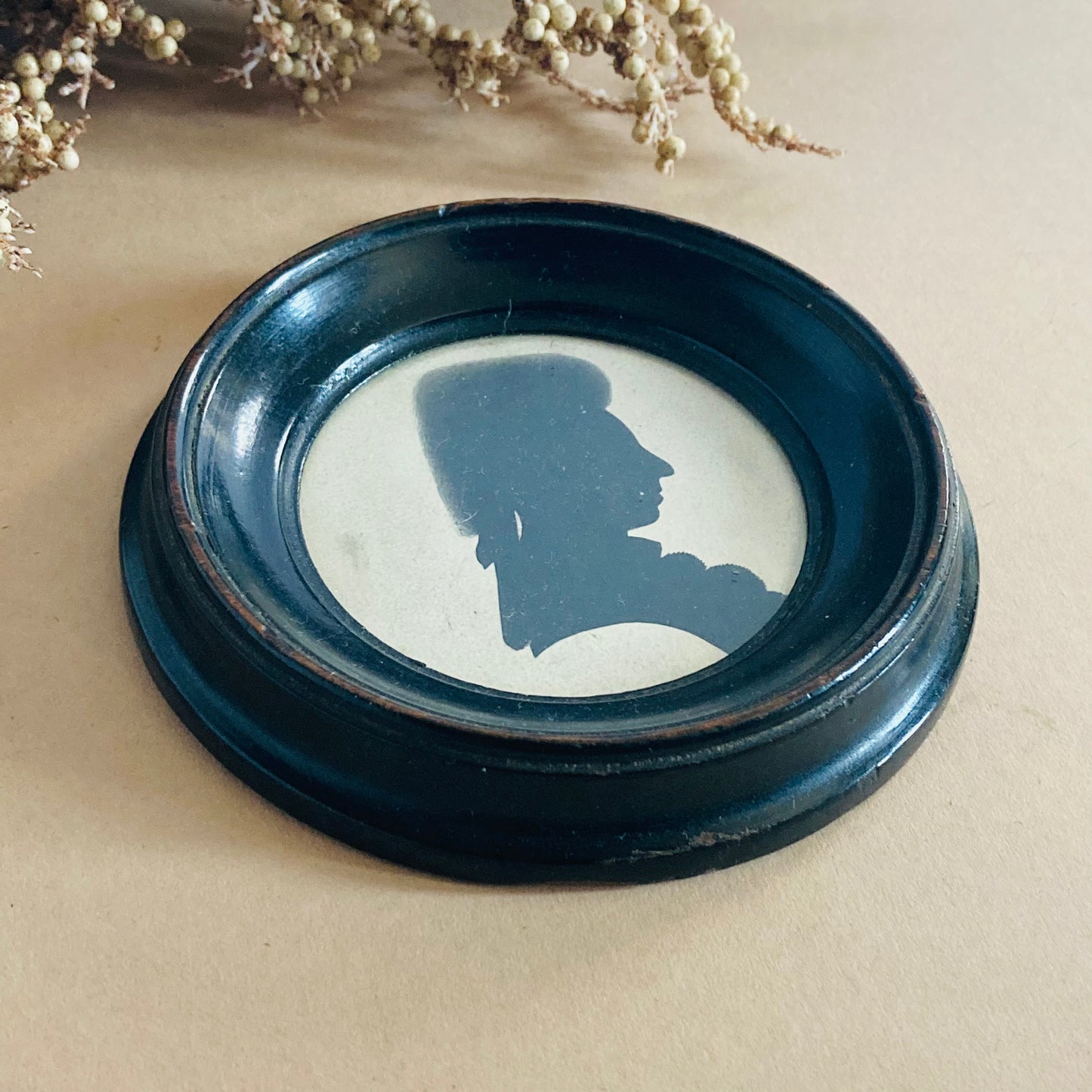 Antique Miniature Silhouette Portrait Lady Original Ebonised Round Frame
