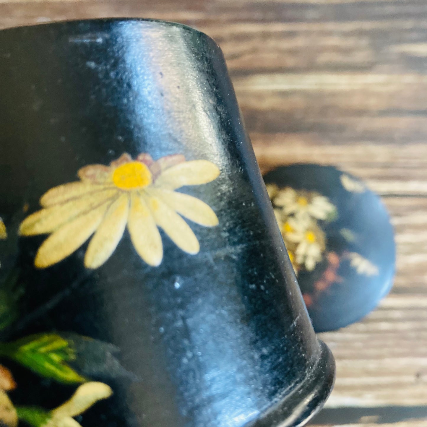 Antique Paper Mache Lacquer Box With Hand Painted Daisy Flowers & Butterfly