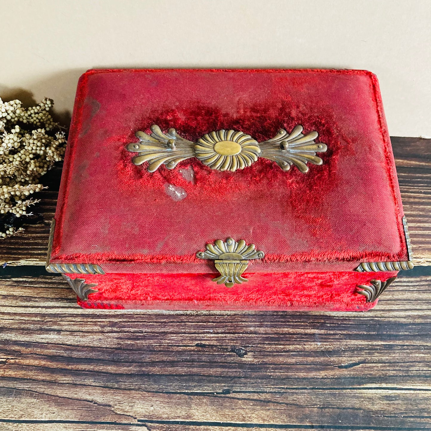Antique French Red Velvet Jewellery Casket Box | Worn Antique Condition
