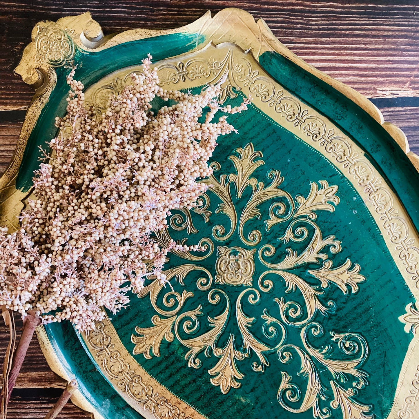 Vintage Florentine Paper Mache Tray | Green & Gold Decorative Italian Tray
