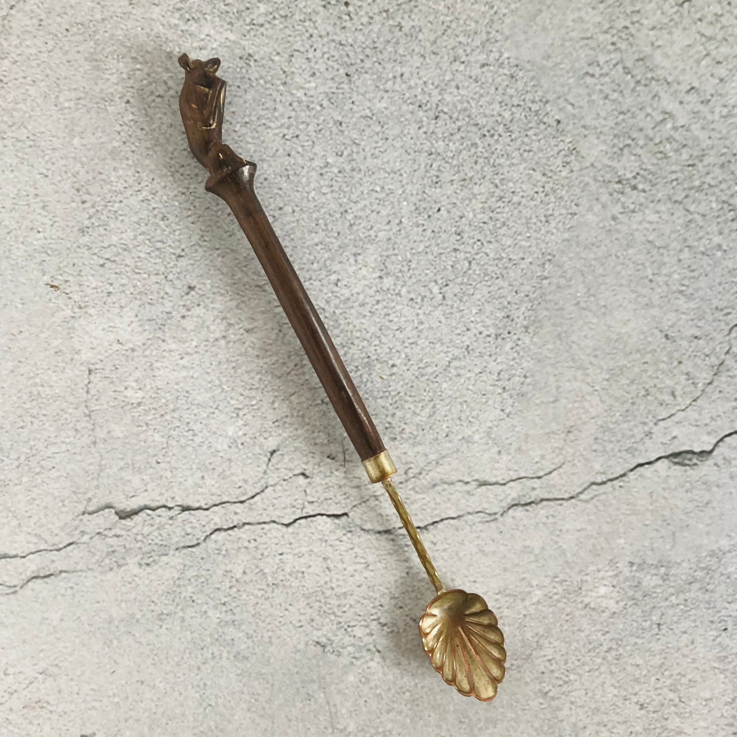 Antique Monkey Carved Wooden And Silver Plated Spoon