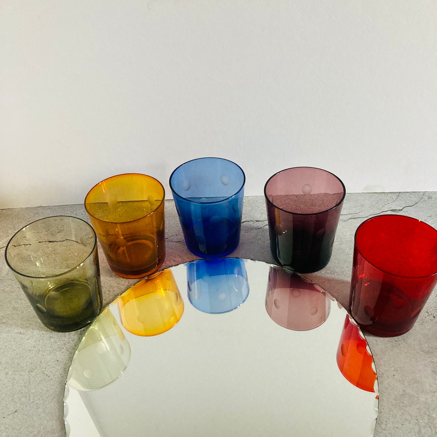 Mid Century Colourful Etched Spot Drinking Tumblers | Water Glasses