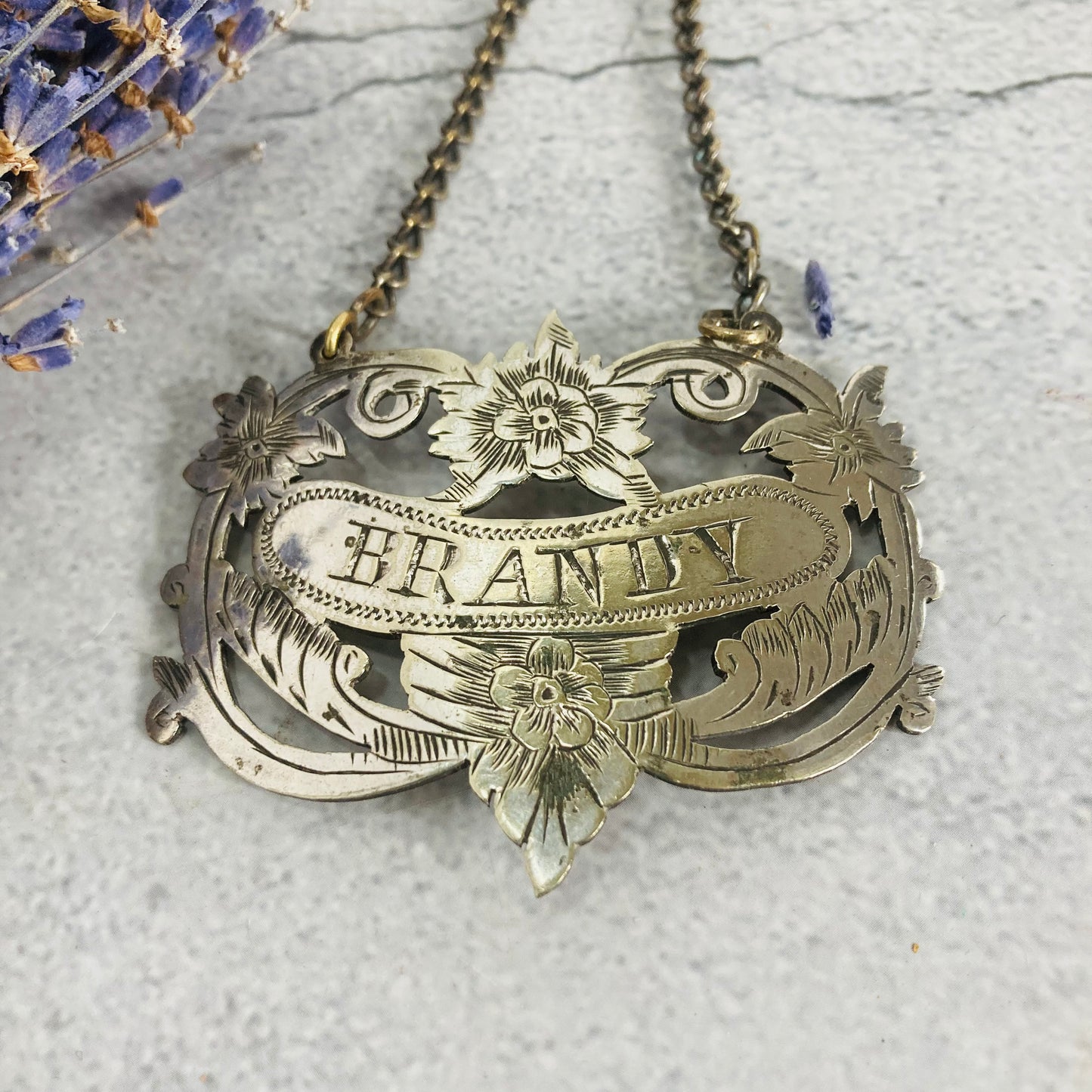 Antique Silver Decanter Brandy Bottle Label
