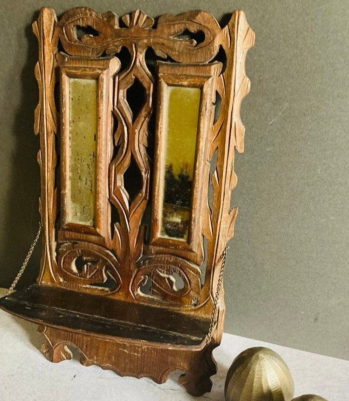 Antique Hand Carved Mirror Display Shelf | Folk Art
