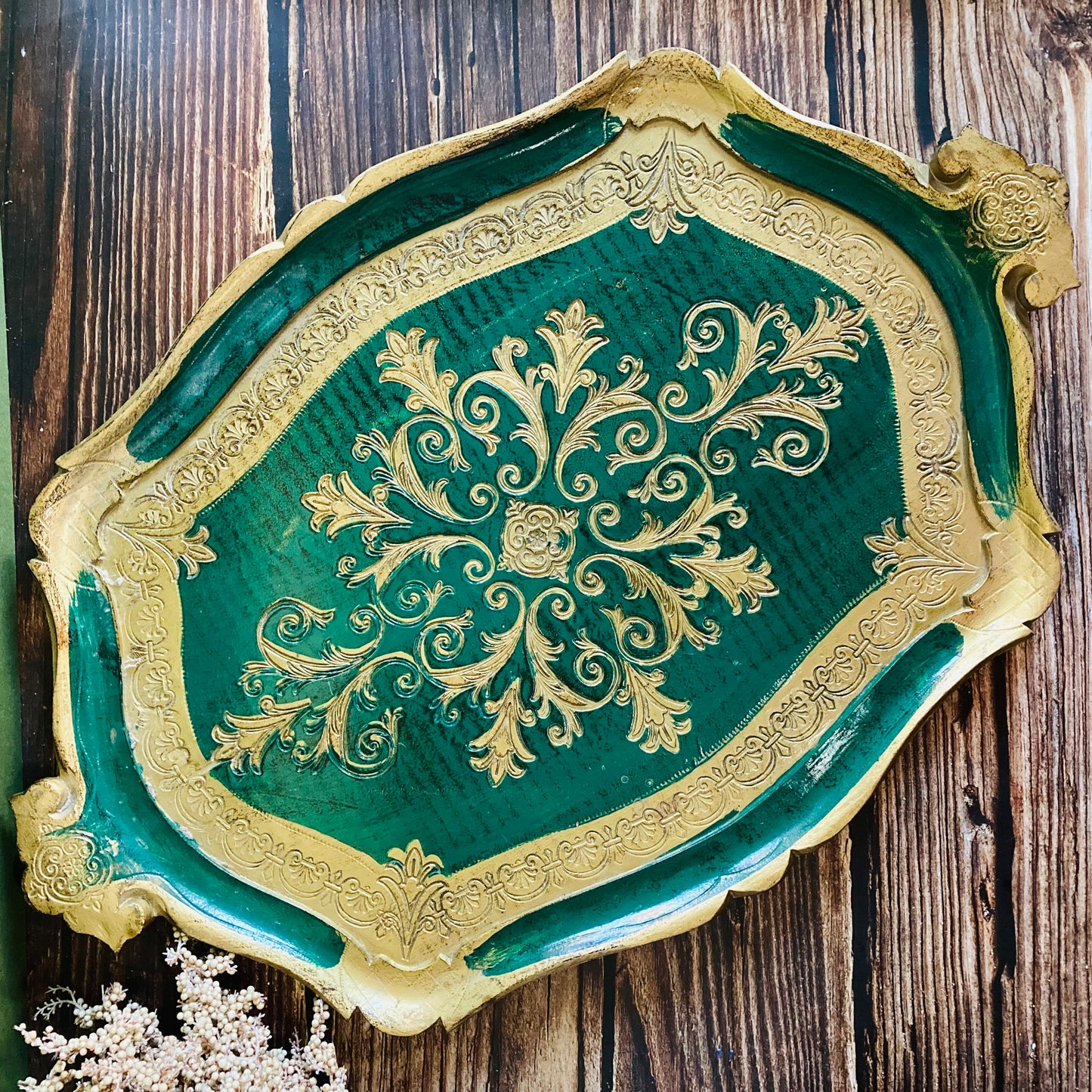 Vintage Florentine Paper Mache Tray | Green & Gold Decorative Italian Tray