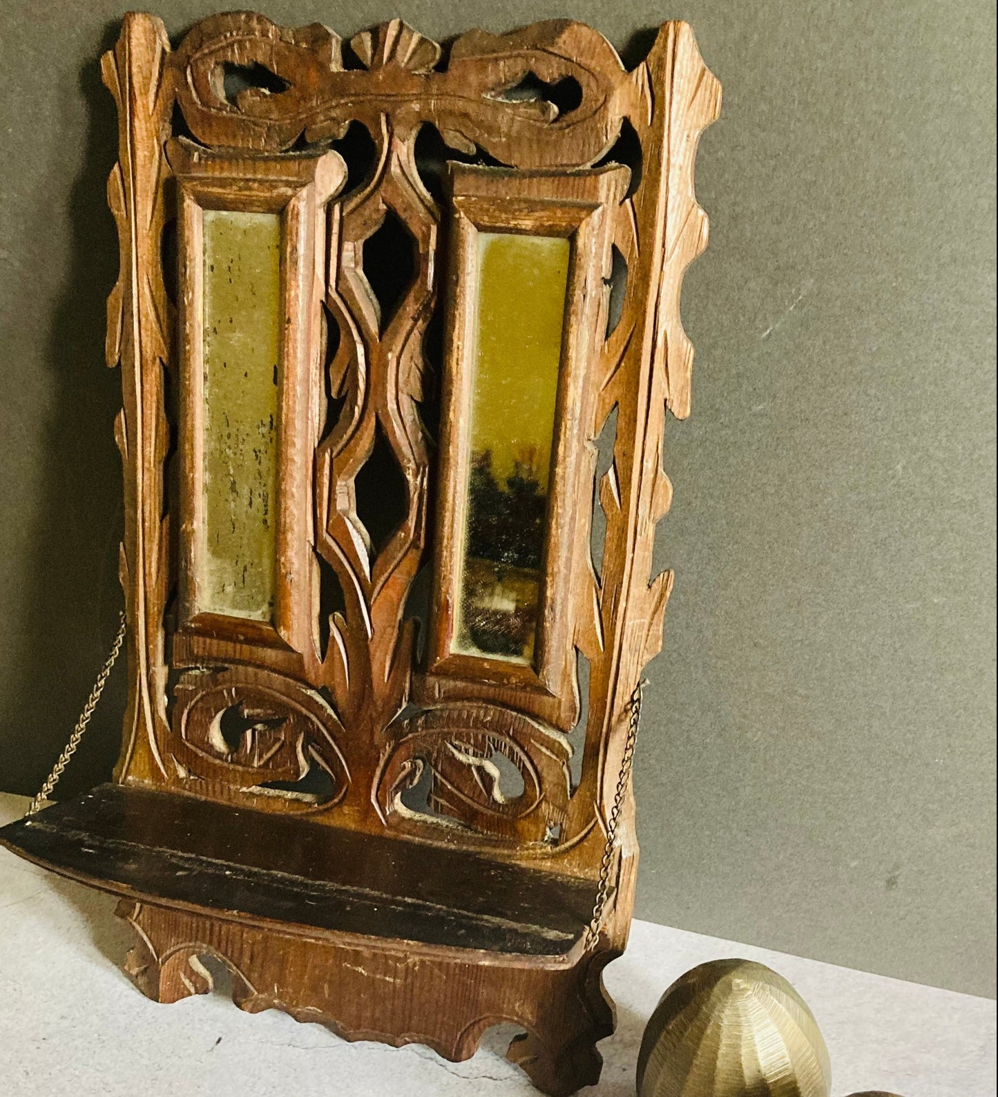 Antique Hand Carved Mirror Display Shelf | Folk Art