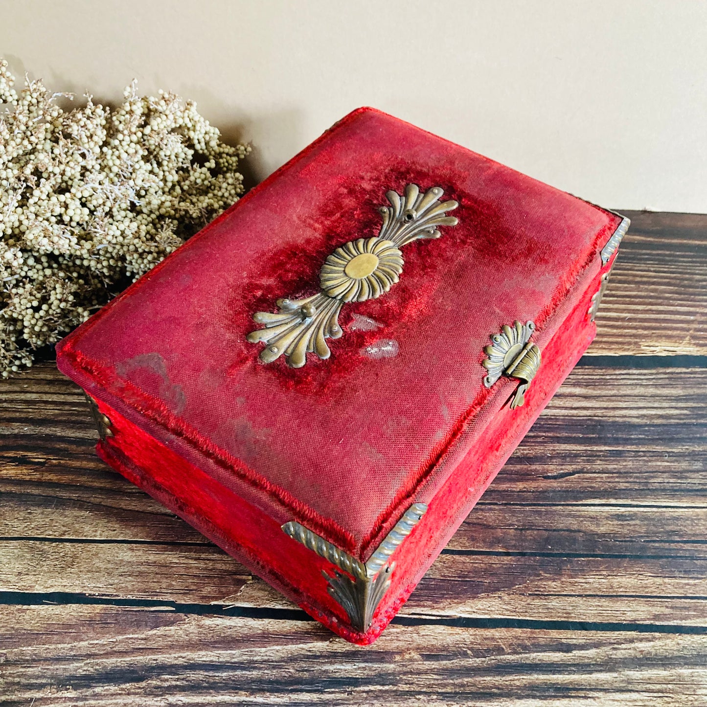 Antique French Red Velvet Jewellery Casket Box | Worn Antique Condition