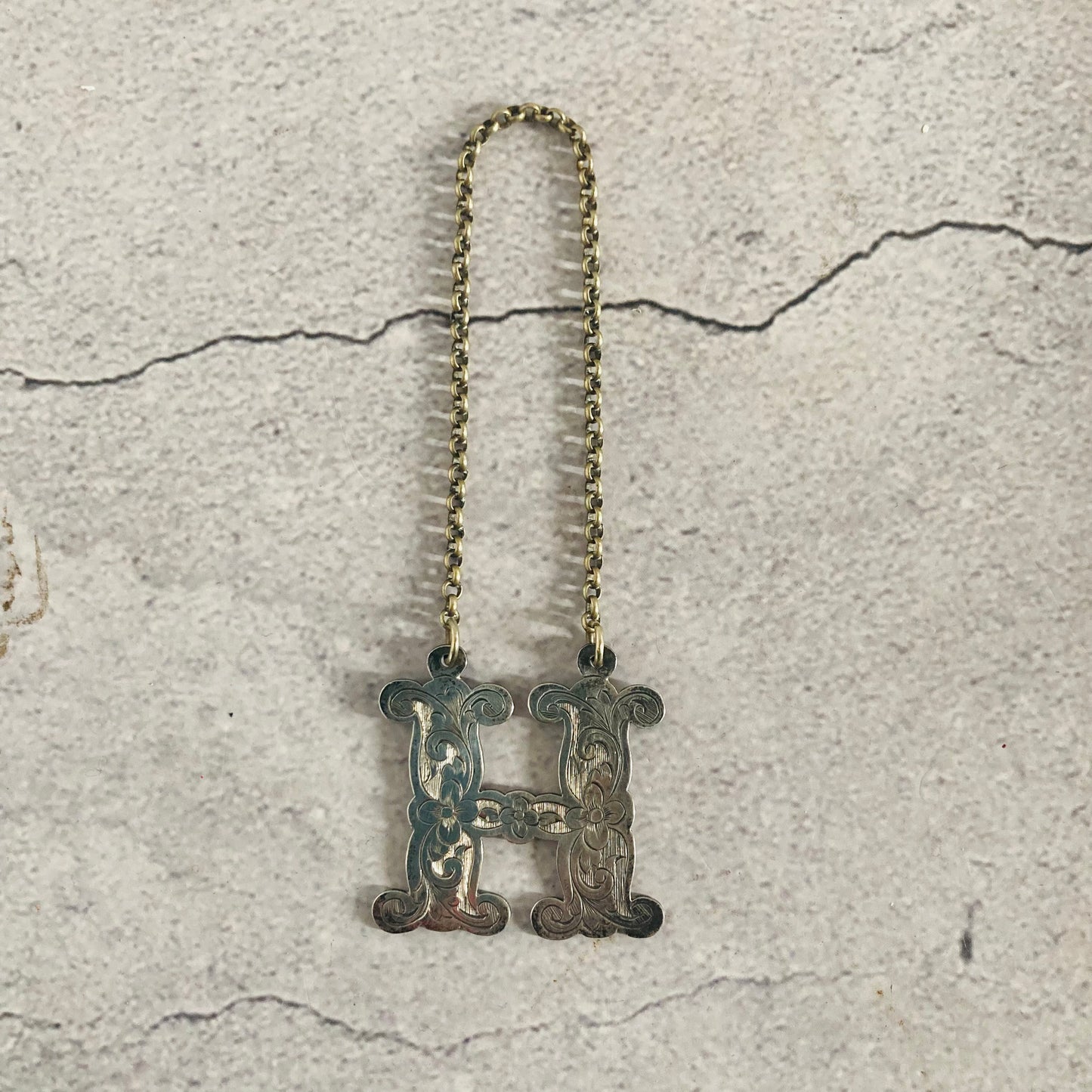 Antique Silver Decanter Bottle Label Letter H Tag
