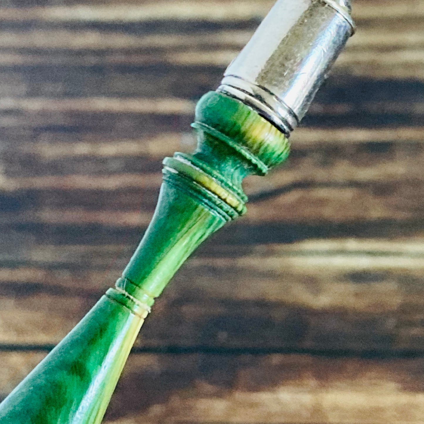 Antique Silver Butter Knife With Engraved Blades and Green Wooden Handle