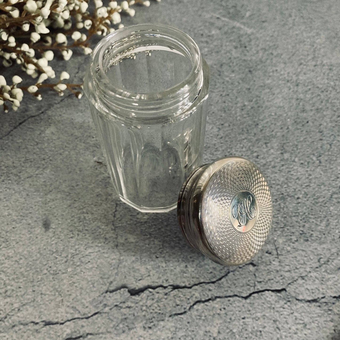 Antique Glass Vanity Jar Container With Silver Lid