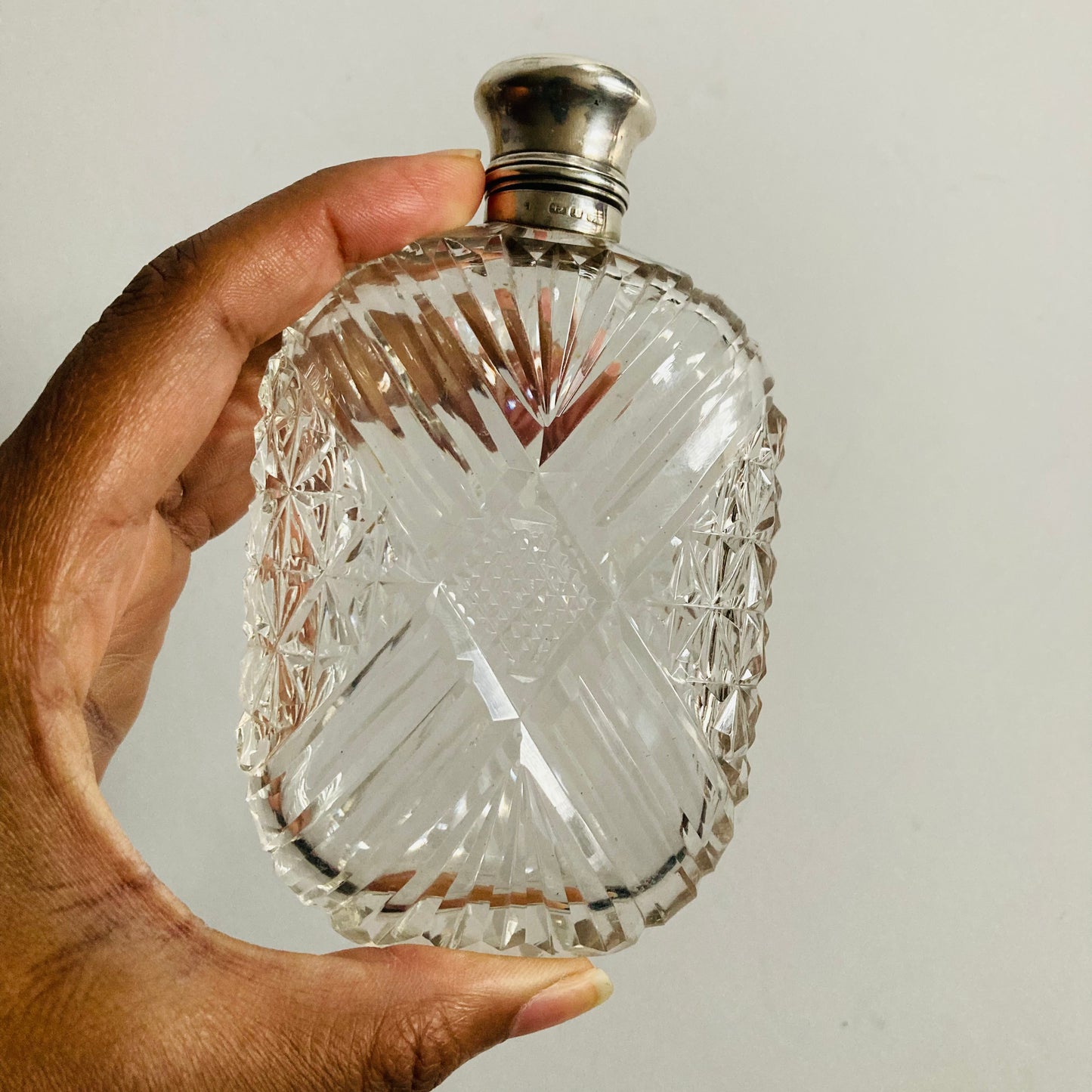 Antique Cut Glass Hip Flask With Silver Lid Birmingham 1891