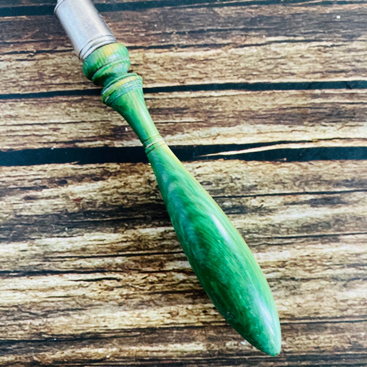 Antique Silver Butter Knife With Engraved Blades and Green Wooden Handle