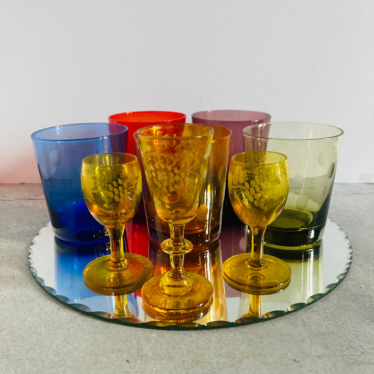 Mid Century Colourful Etched Spot Drinking Tumblers | Water Glasses