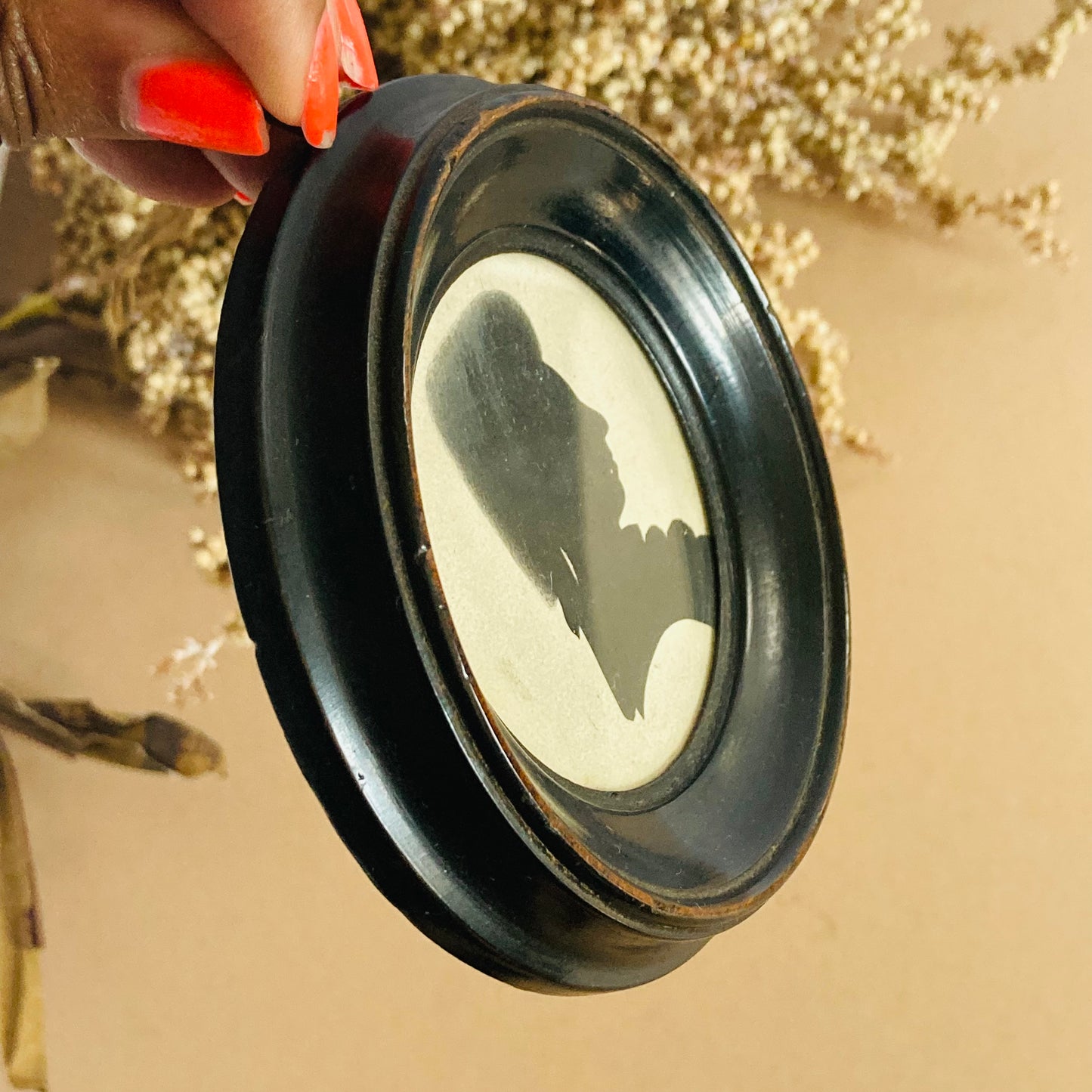 Antique Miniature Silhouette Portrait Lady Original Ebonised Round Frame