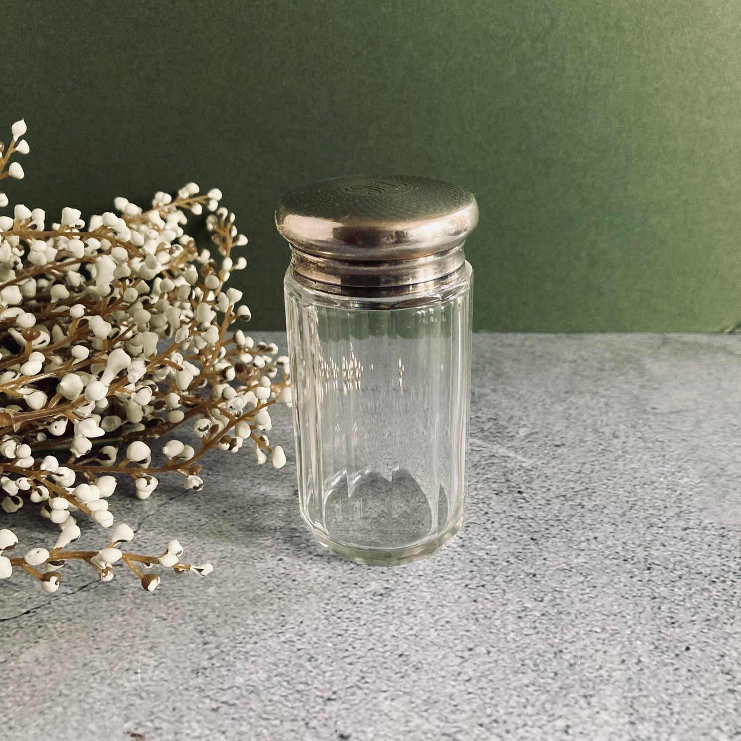 Antique Glass Vanity Jar Container With Silver Lid