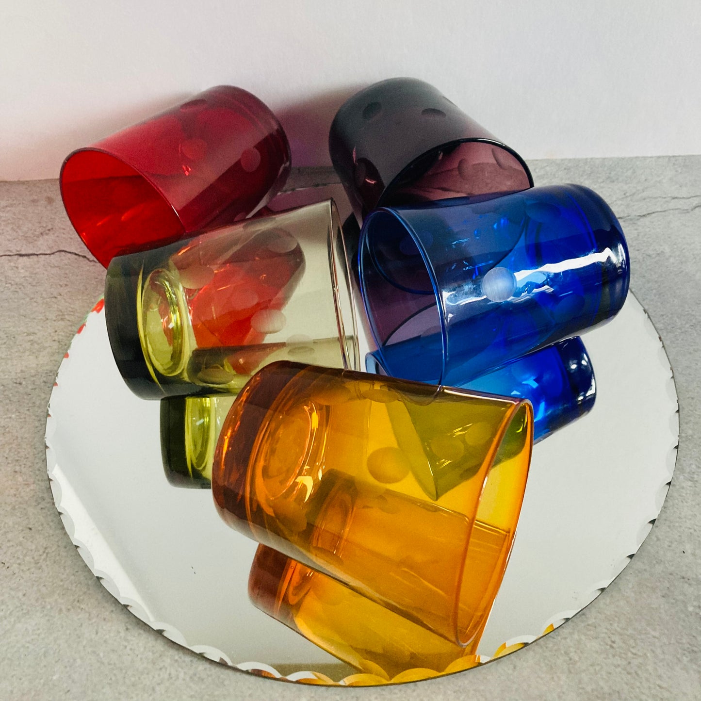 Mid Century Colourful Etched Spot Drinking Tumblers | Water Glasses