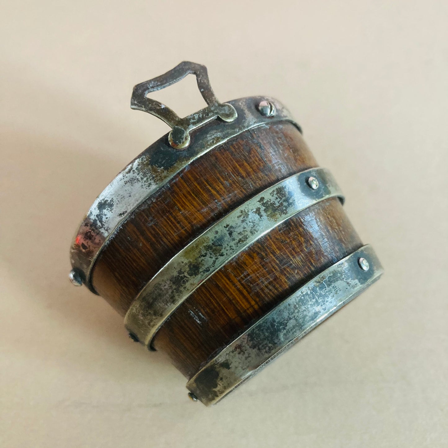 Antique Miniature Oak and Silver Bucket Salt Cellar