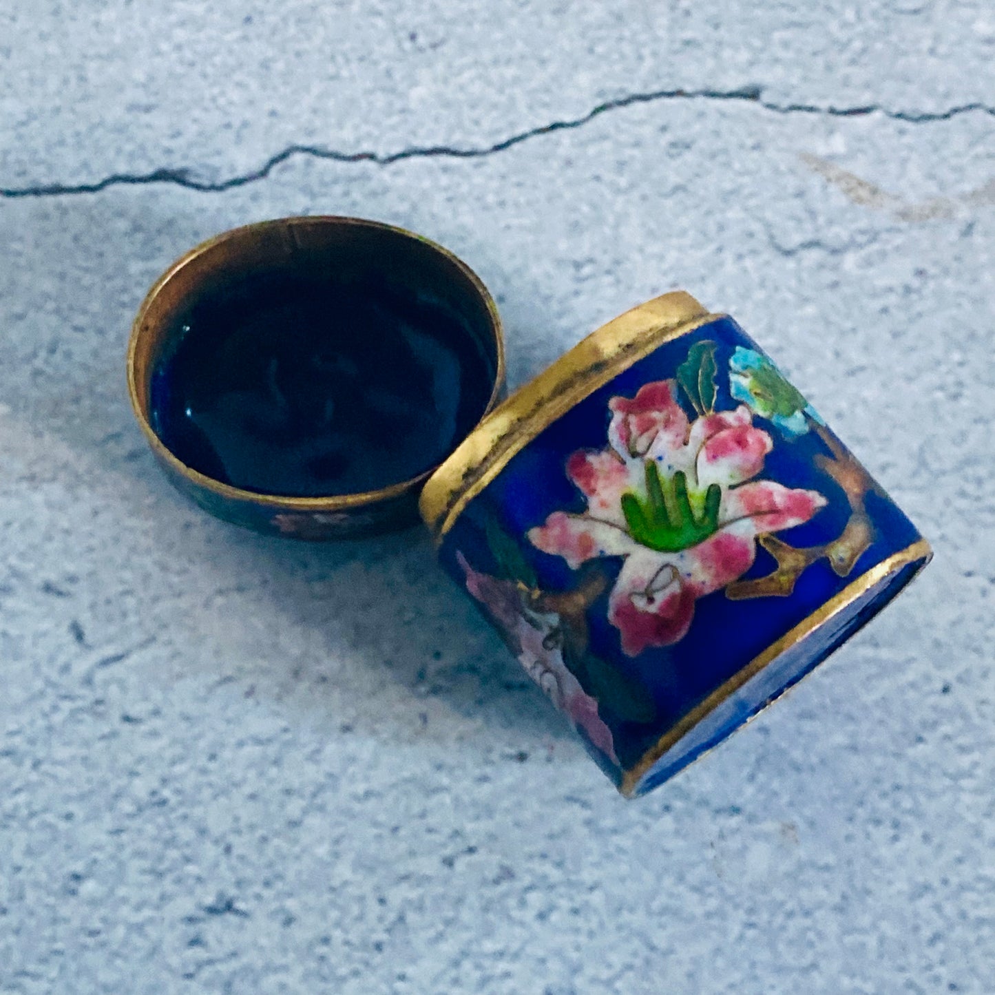 Antique Brass Enamel Pill Box | Cloisonné box
