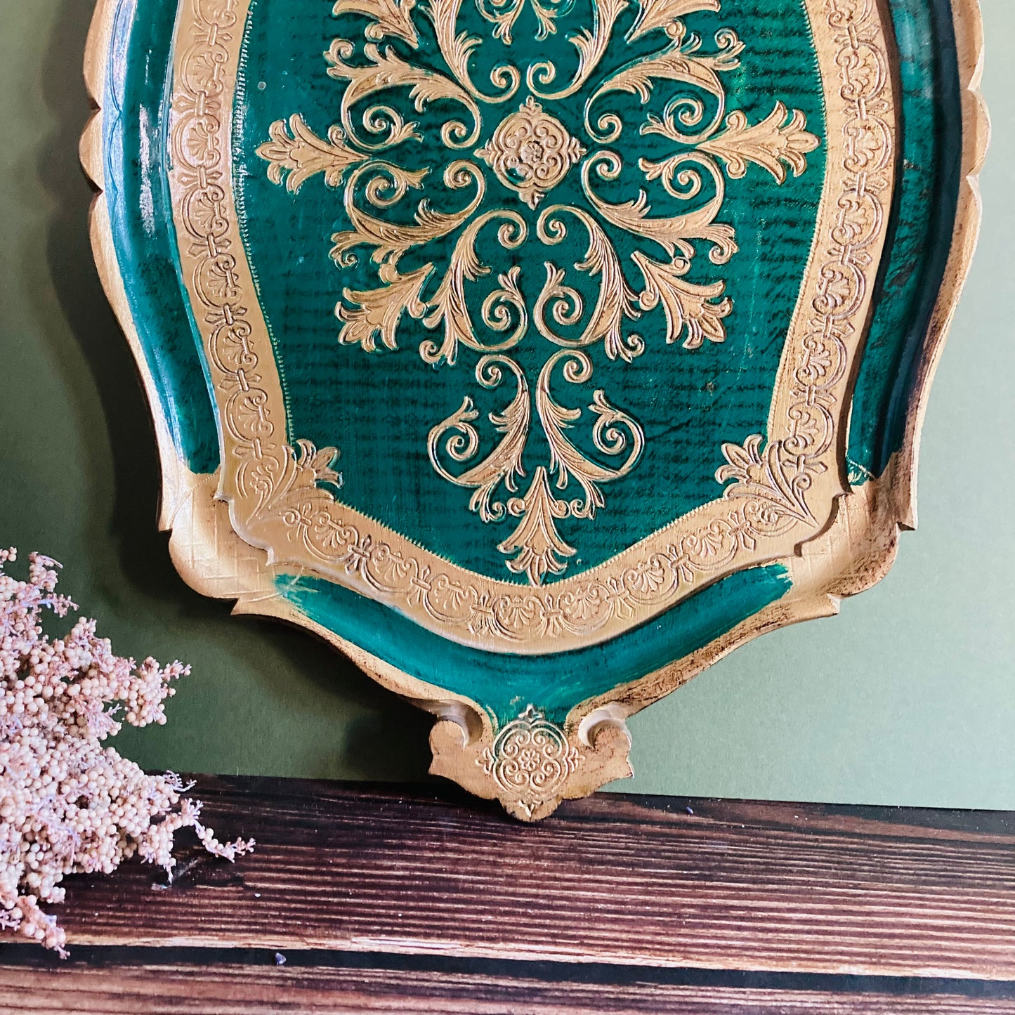 Vintage Florentine Paper Mache Tray | Green & Gold Decorative Italian Tray