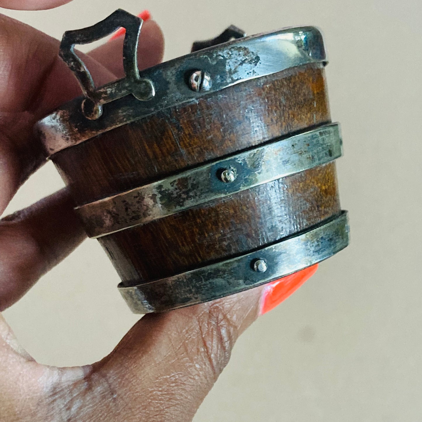 Antique Miniature Oak and Silver Bucket Salt Cellar