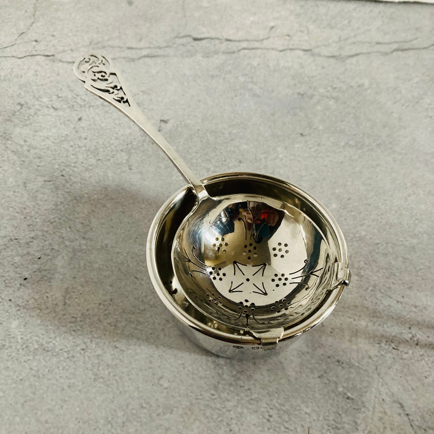 Sterling Silver Tea Strainer and Drip Bowl |  Eugene Leclere Sheffield 1944