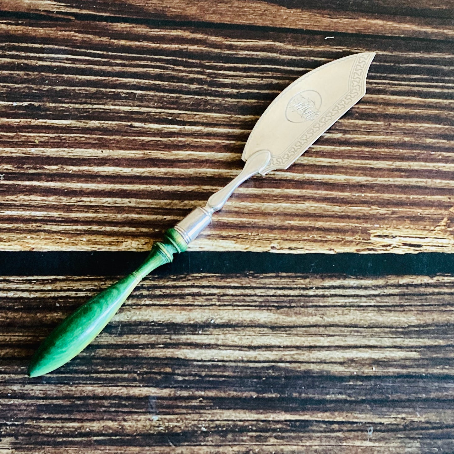 Antique Silver Butter Knife With Engraved Blades and Green Wooden Handle
