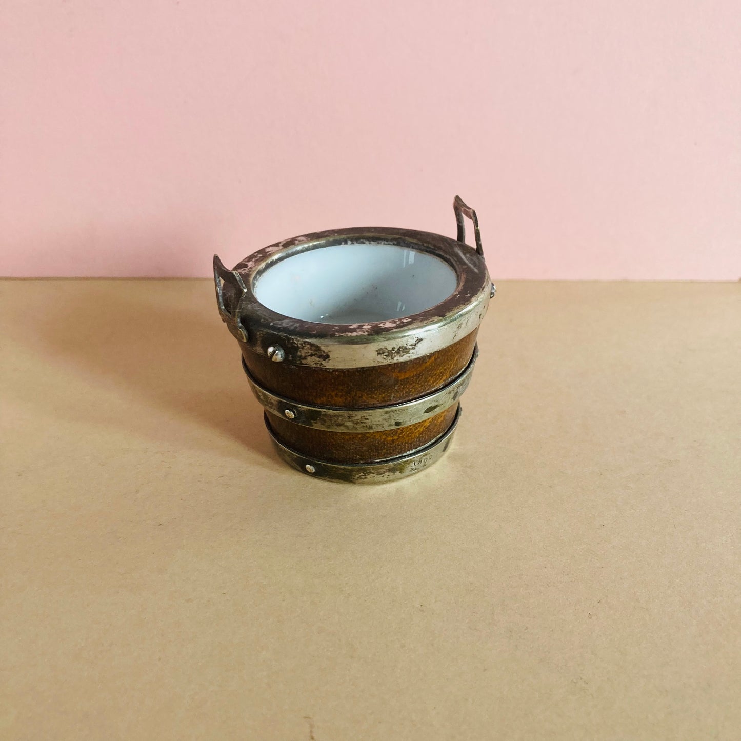 Antique Miniature Oak and Silver Bucket Salt Cellar