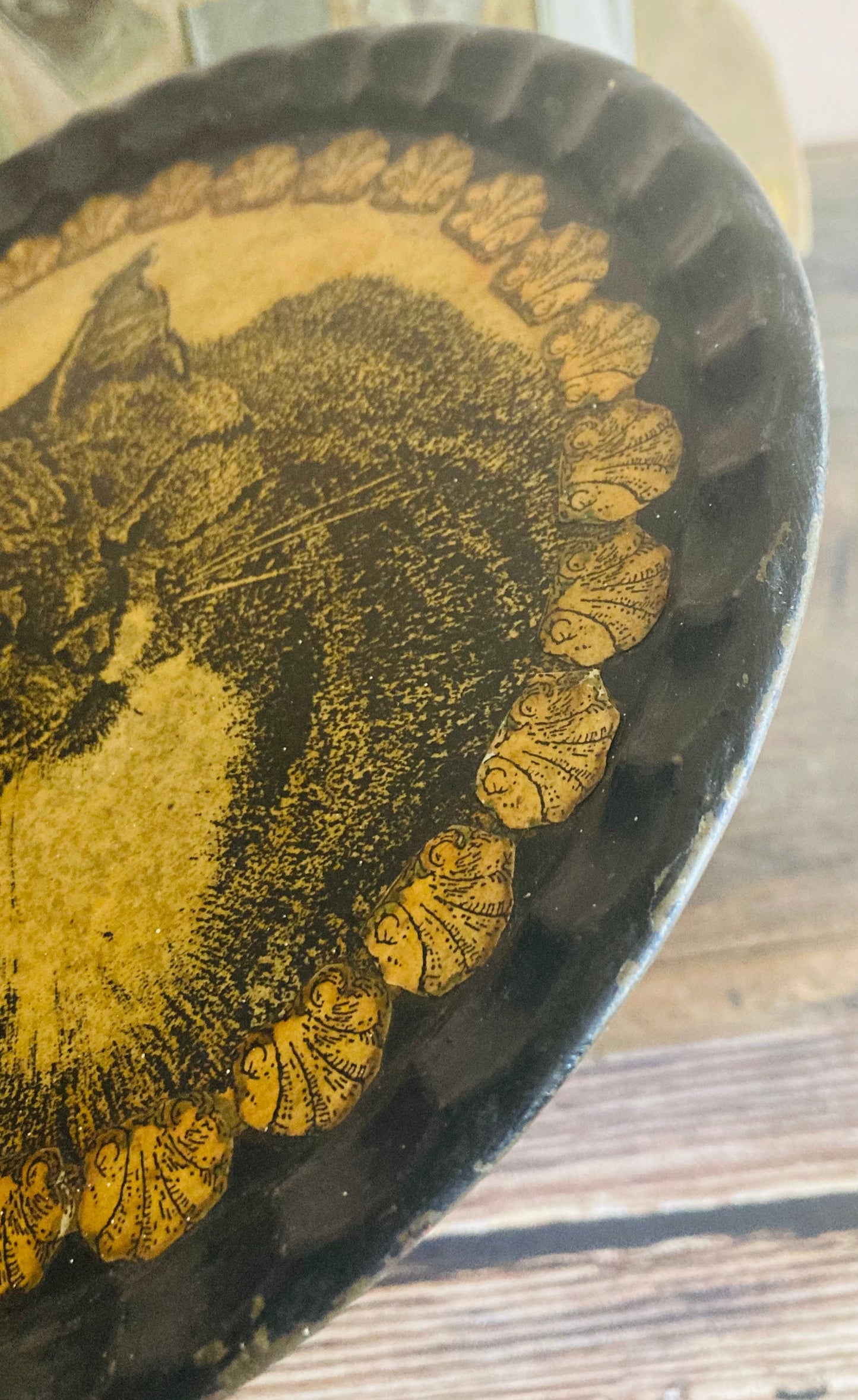 Antique Toleware Decoupage Tray Of A Cat