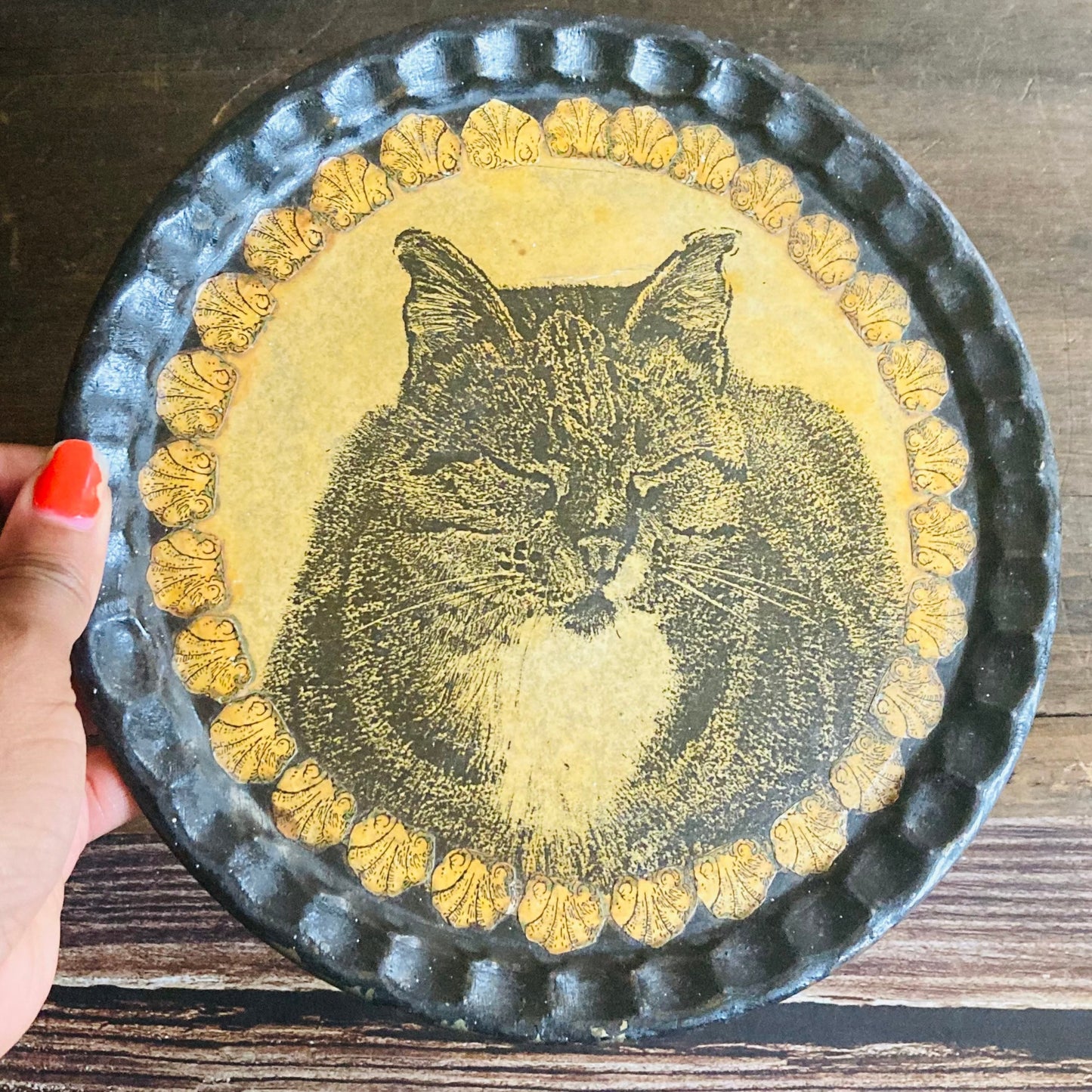 Antique Toleware Decoupage Tray Of A Cat