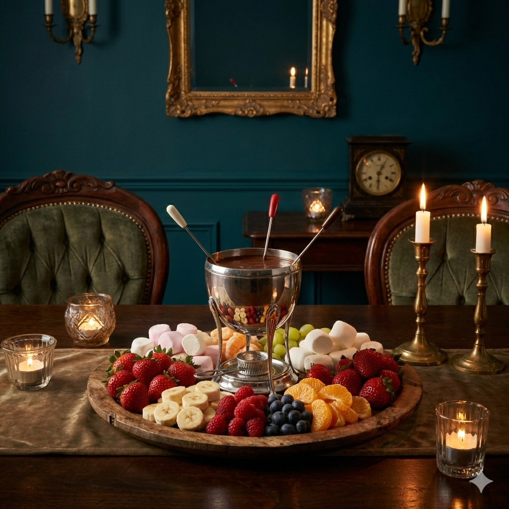 Fondue setup with fruits and candles on a table in a dimly lit room.